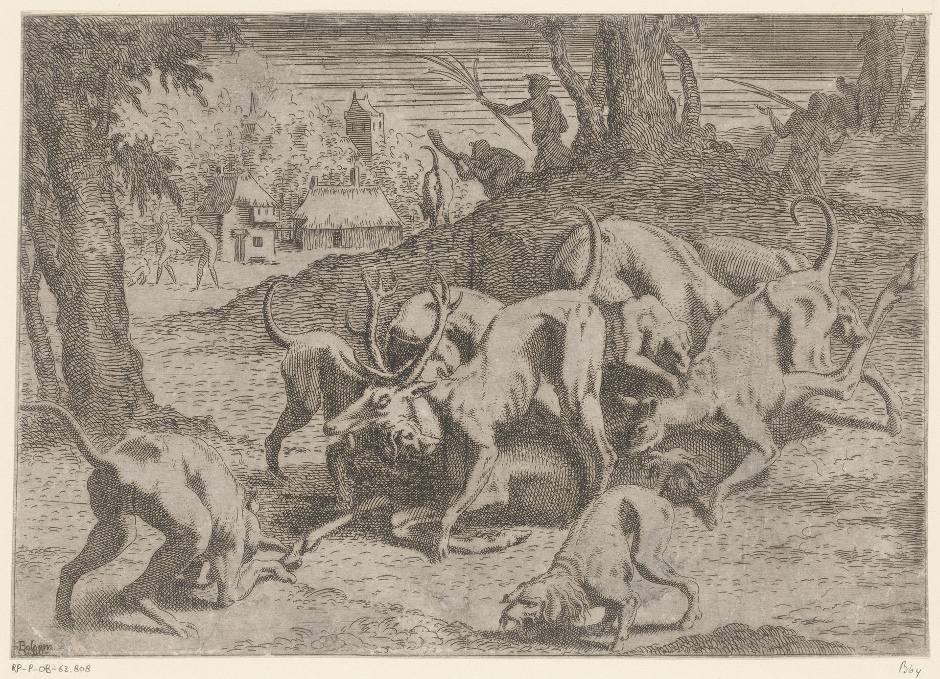 Jachthonden vallen een hert aan by Léon Davent