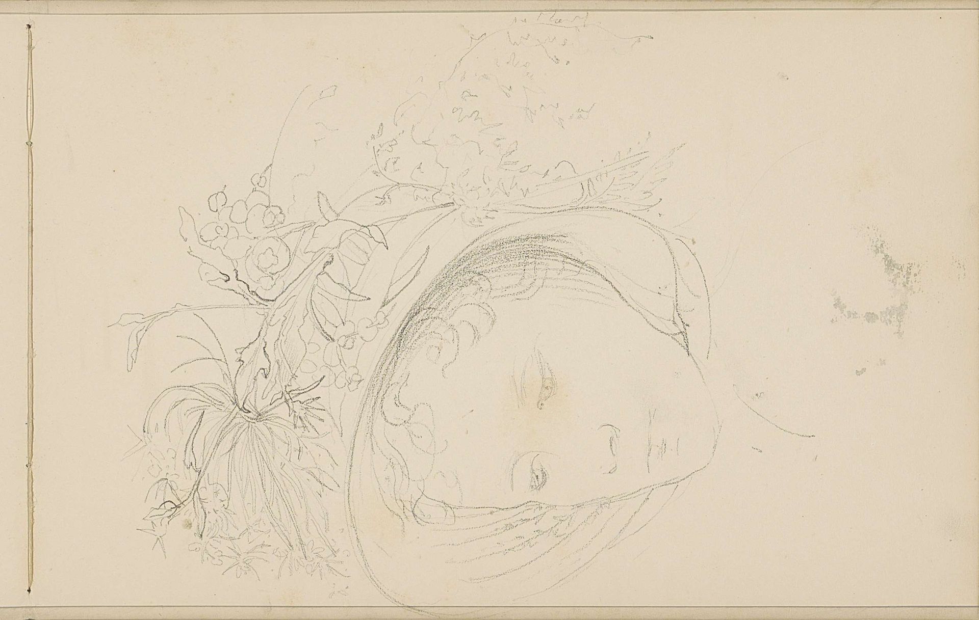 Kop van een meisje met een hoed versierd met bloemen by Bramine Hubrecht