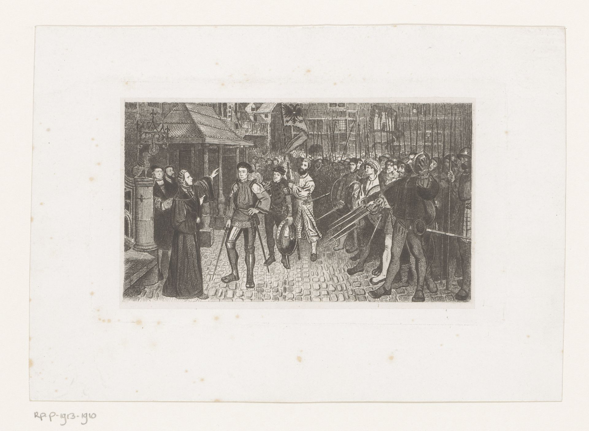 Burgemeester Lancelot van Ursel geeft schepen Cornelis van Spangen het bevel over de burgerwacht by Jean Baptiste Pierre Michiels