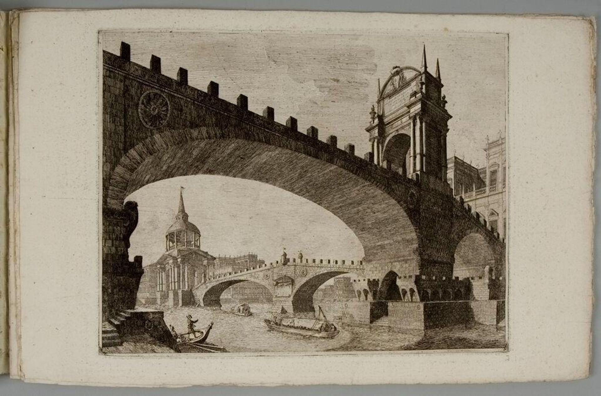 Two Monumental Bridges Crossing the Intersection of Canals by Attributed to Vincenzo Mazzi