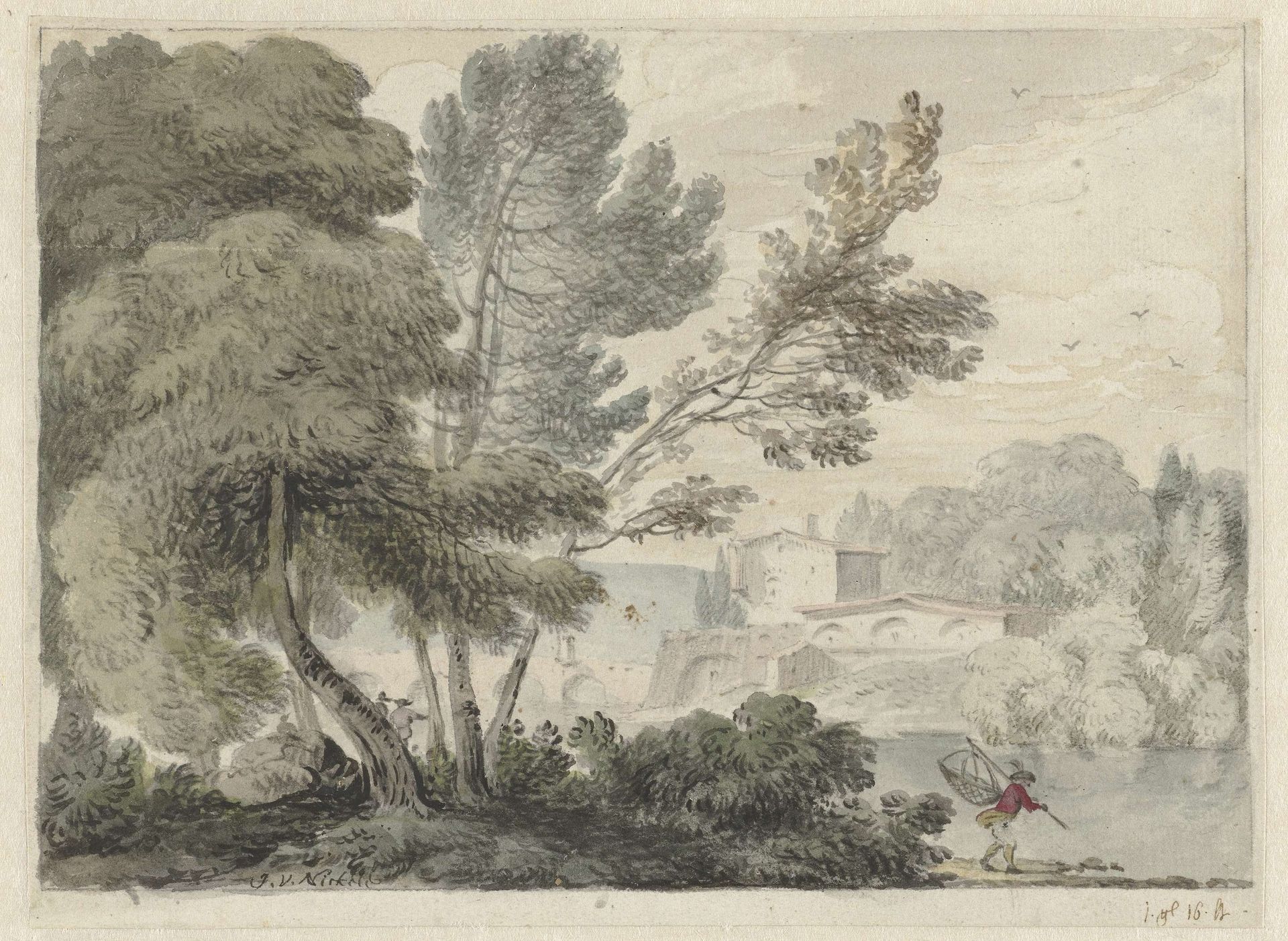 Rivierlandschap met op de voorgrond een man met een schepnet by Hendrik van der Straaten