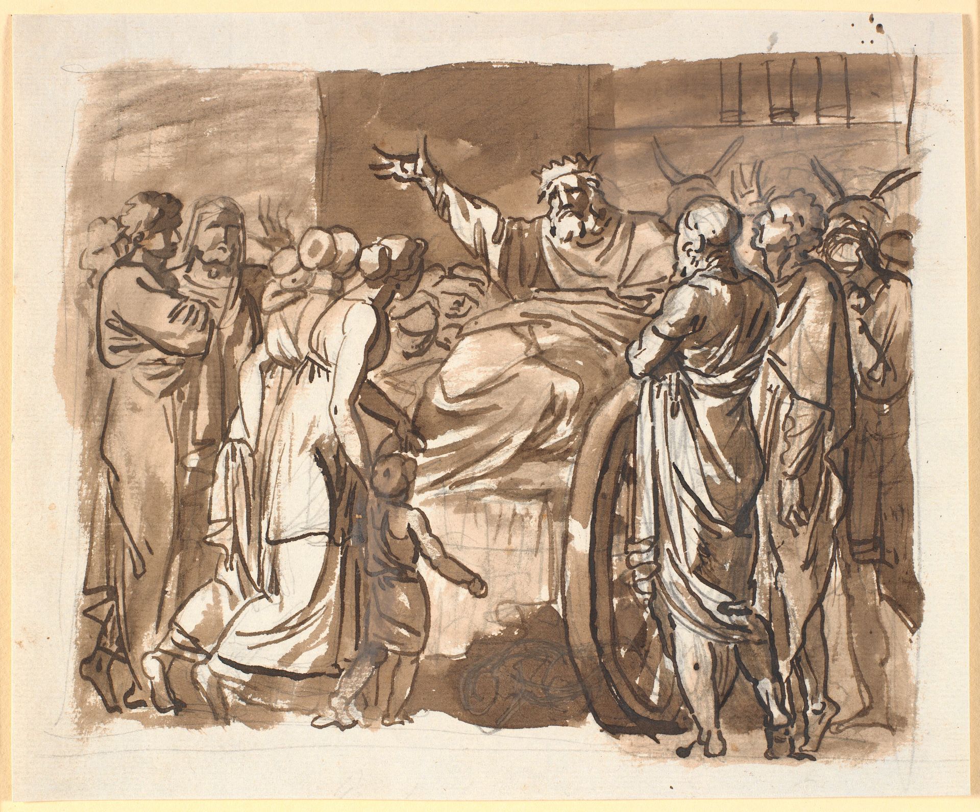 Peisistratos beklager sig for Athenienserne over det overfald, han siger sig at have været genstand for. Han sidder på æseltrukket kærre, omgivet af talrige mennesker by Nicolai Abildgaard
