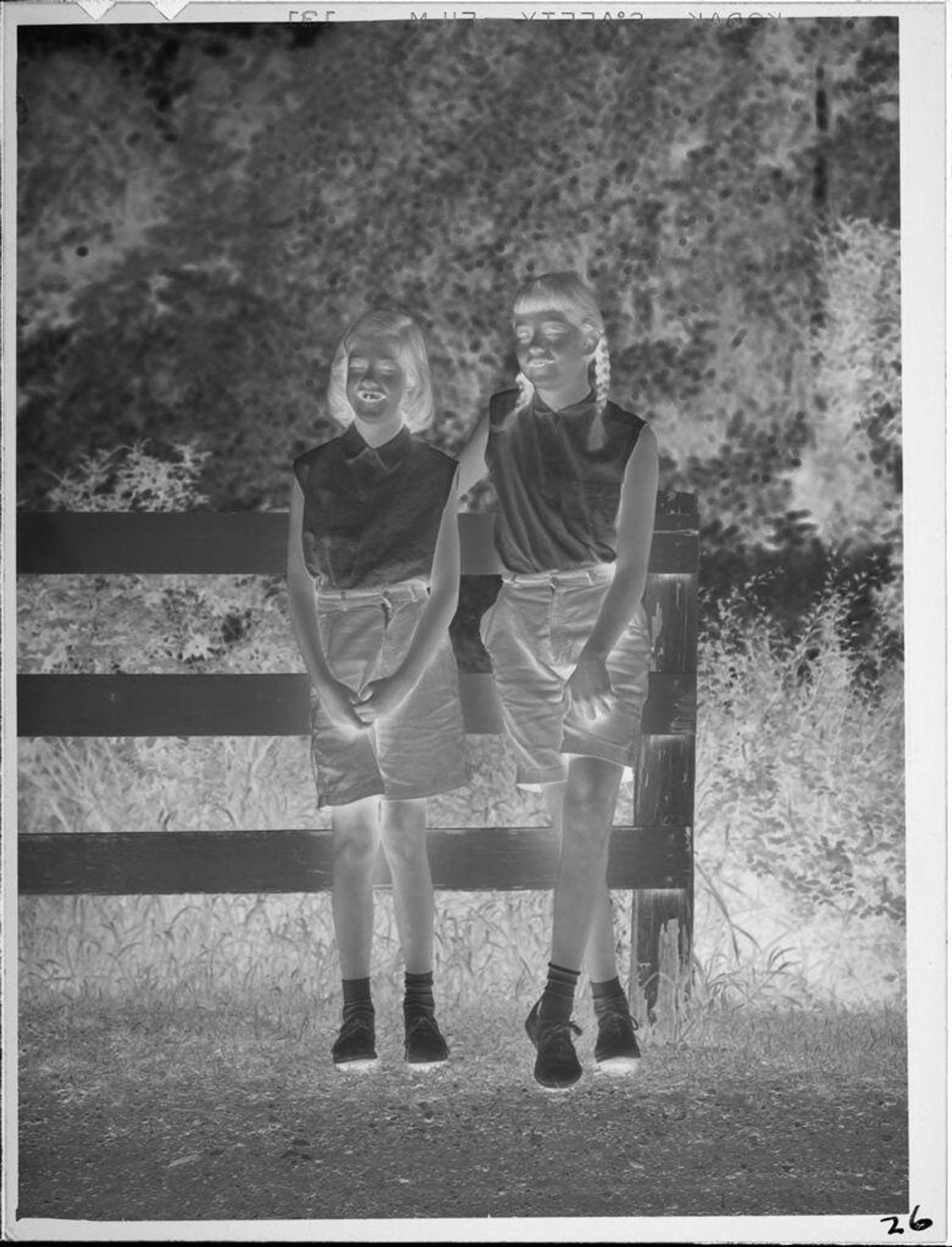 Untitled (two girls standing outside in front of fence) by Lucian and Mary Brown
