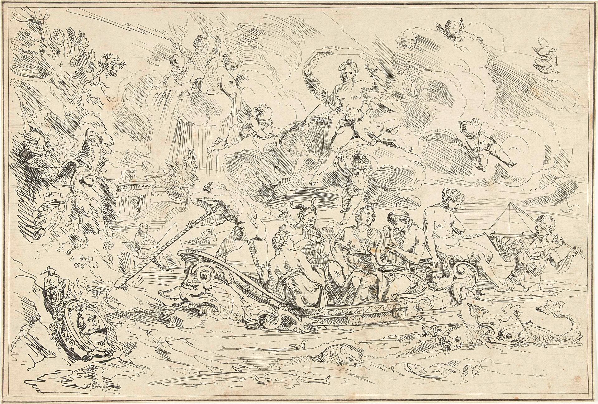 Apollo en Pan in een bootje by Franz Ertinger