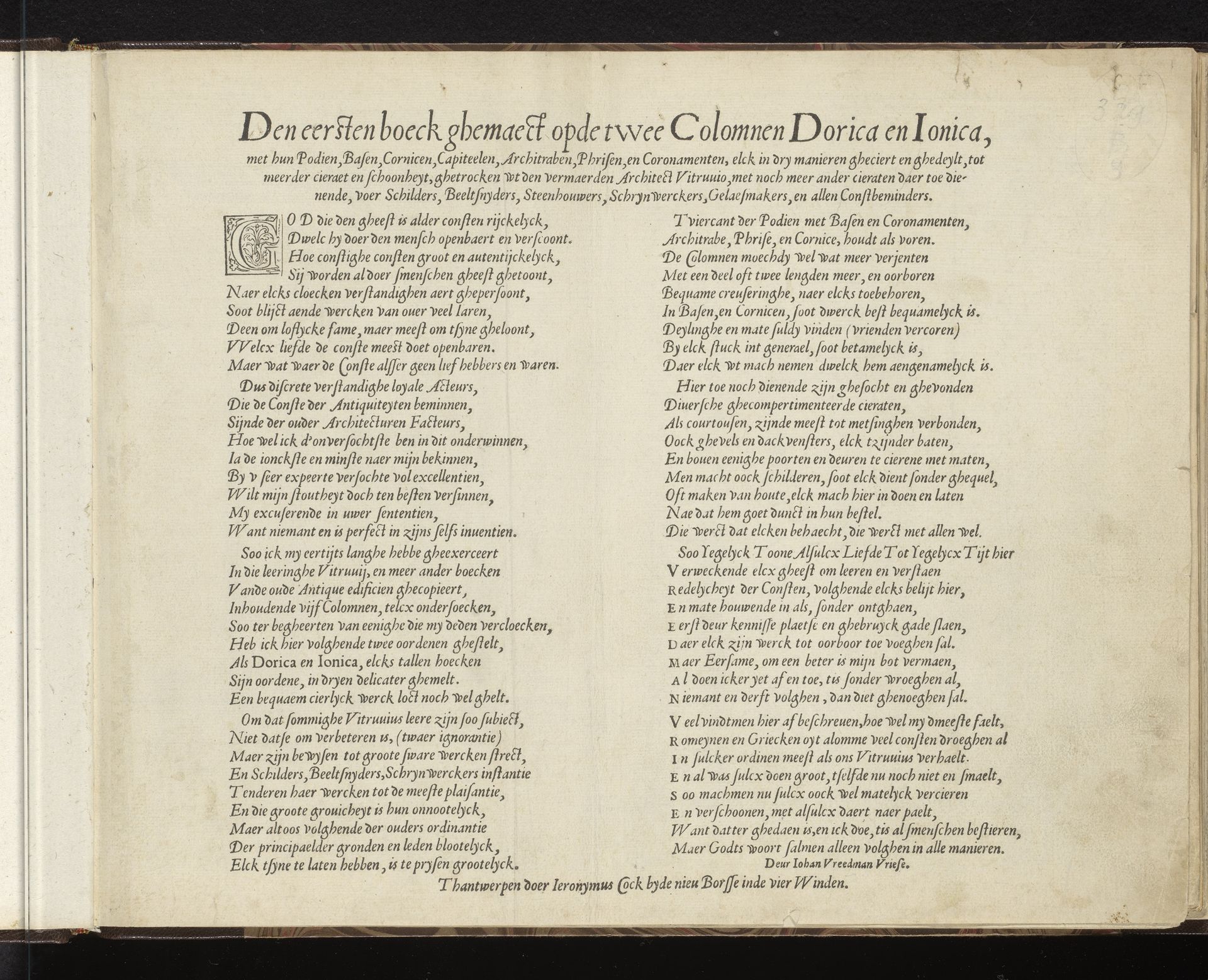 Titelpagina voor: Den eersten boeck ghemaeckt opde twee Colomnen Dorica en Ionica by Hans Vredeman de Vries