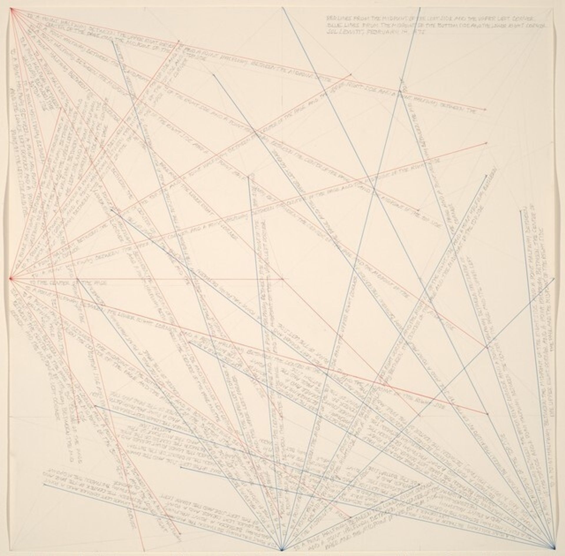 Red Lines from Midpoint of the Left Side and the Upper Left Corner, Blue Lines from the Midpoint of the Bottom Side and the Lower Right Corner by Sol LeWitt