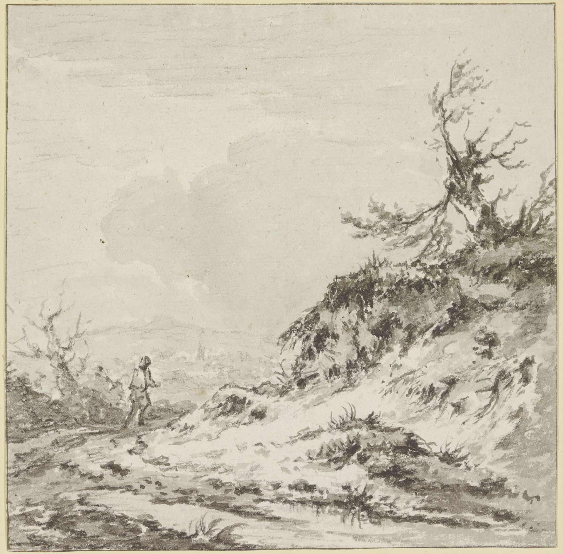 Ein Wanderer auf einem Wege an abgerissenem Terrain, auf welchem ein verkrüppelter Baum steht by Jan Wijnants
