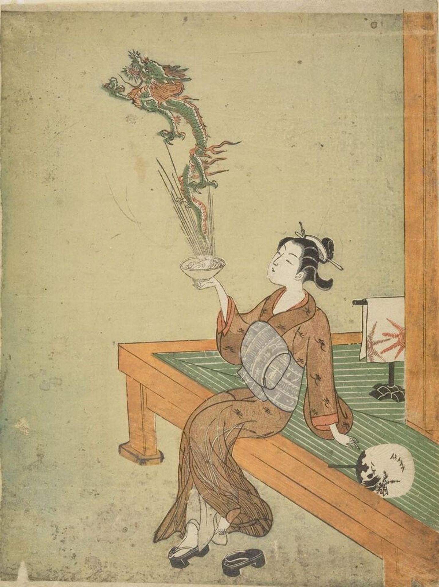 Parody with Young Girl as a Daoist Immortal Handaka Sonja Conjuring a Dragon from a Bowl by Suzuki Harunobu 鈴木春信