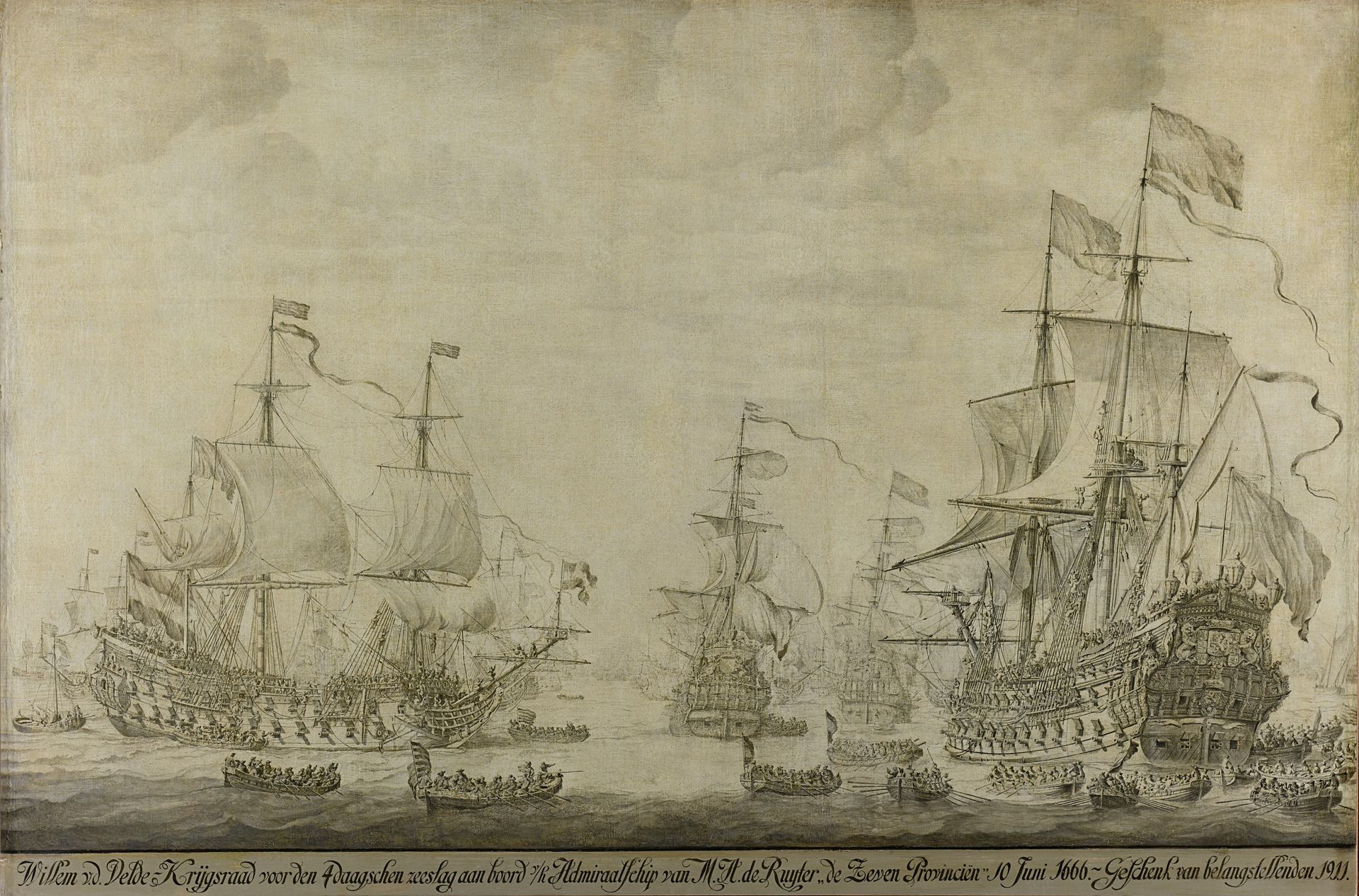 "Council of War aboard ""The Seven Provinces"", the Flagship of Michiel Adriaensz de Ruyter, 10 June 1666, preceding the Four Days' Battle: episode from the Second Anglo-Dutch War" by Willem van de Velde I