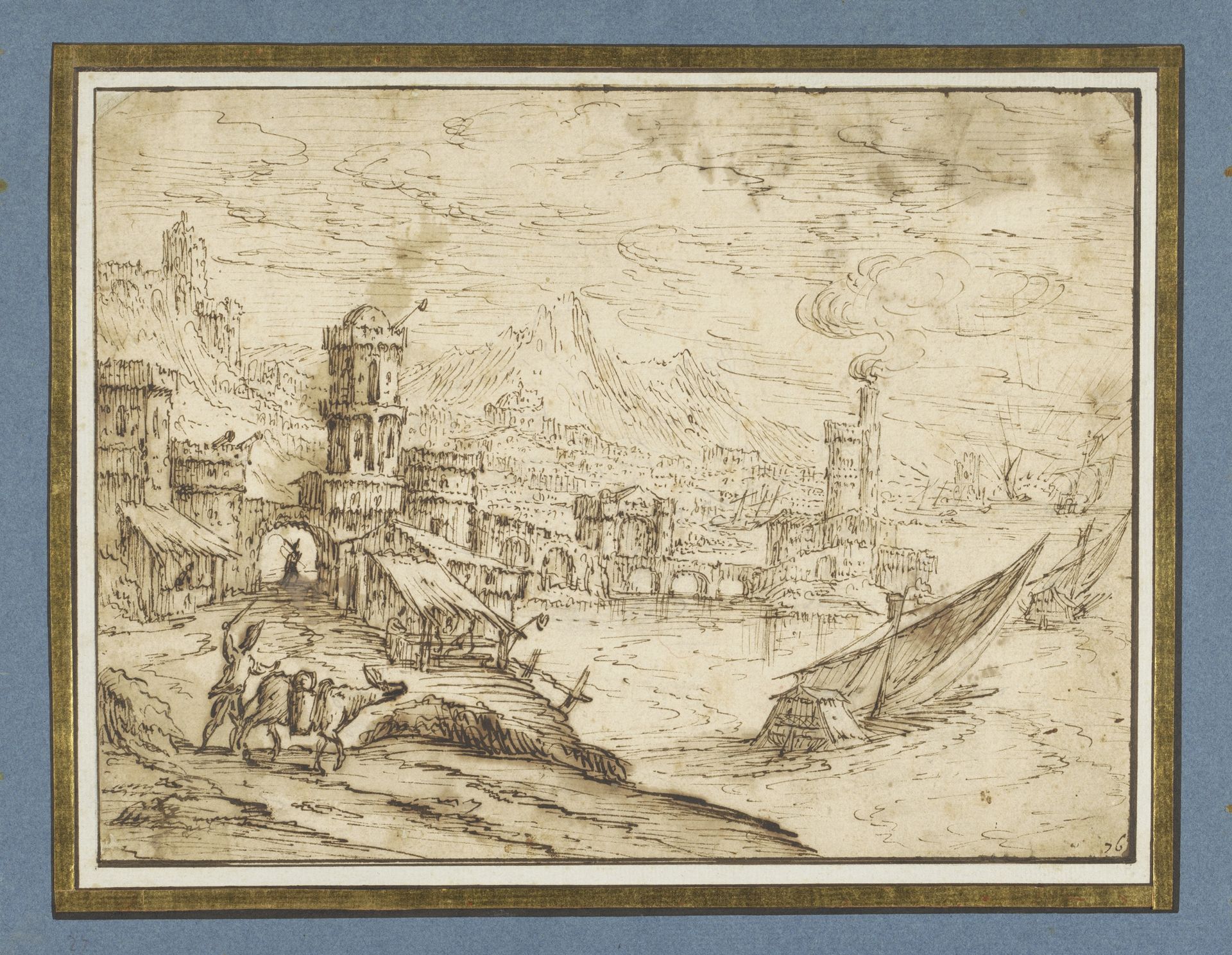 Stad aan een baai; rechts uitvarende galeien by Tobias Verhaecht