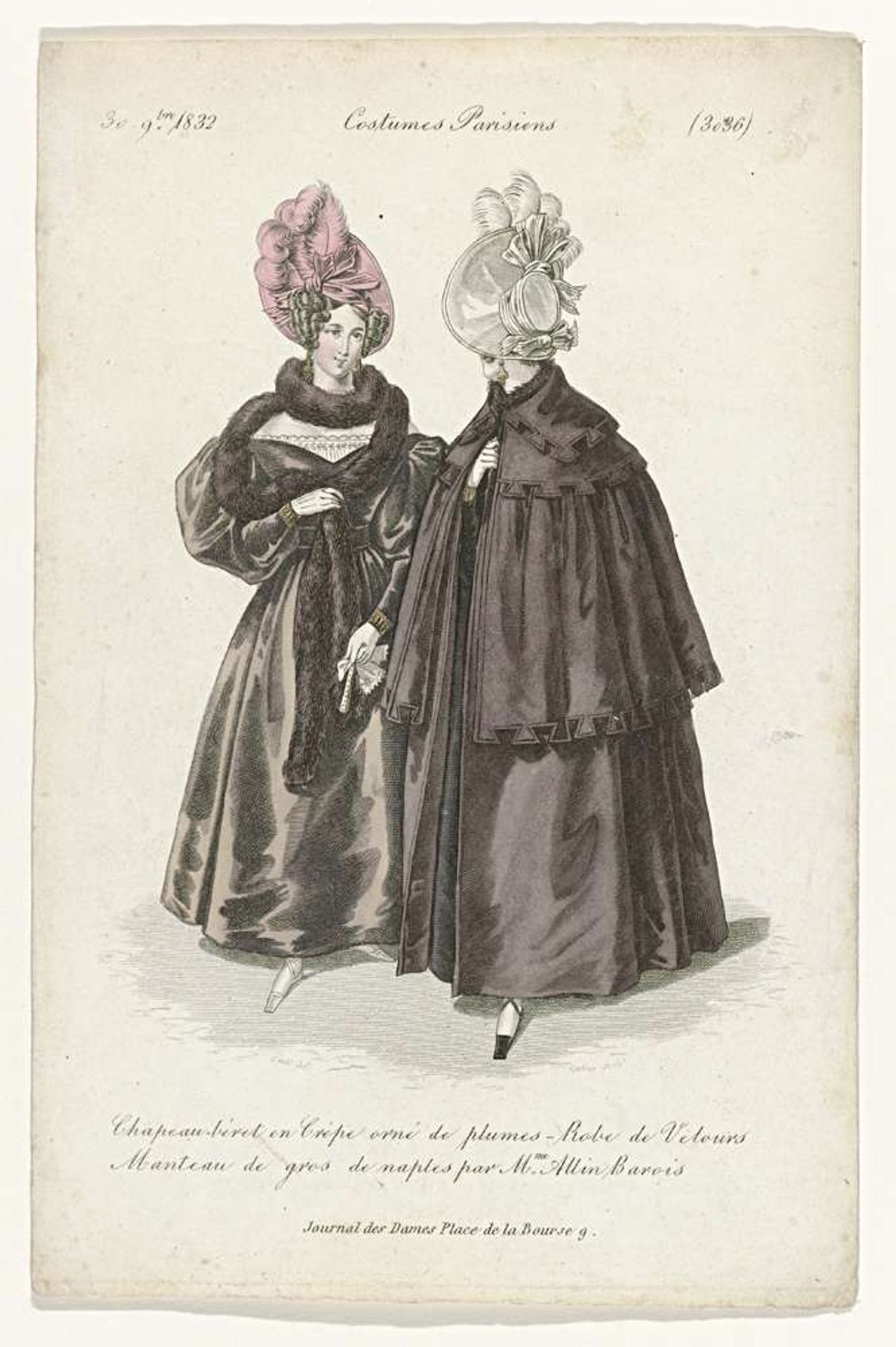 Journal des Dames et des Modes, Costumes Parisiens, 30 novembre 1832, (3036): Chapeau-béret (...) by Georges Jacques Gatine