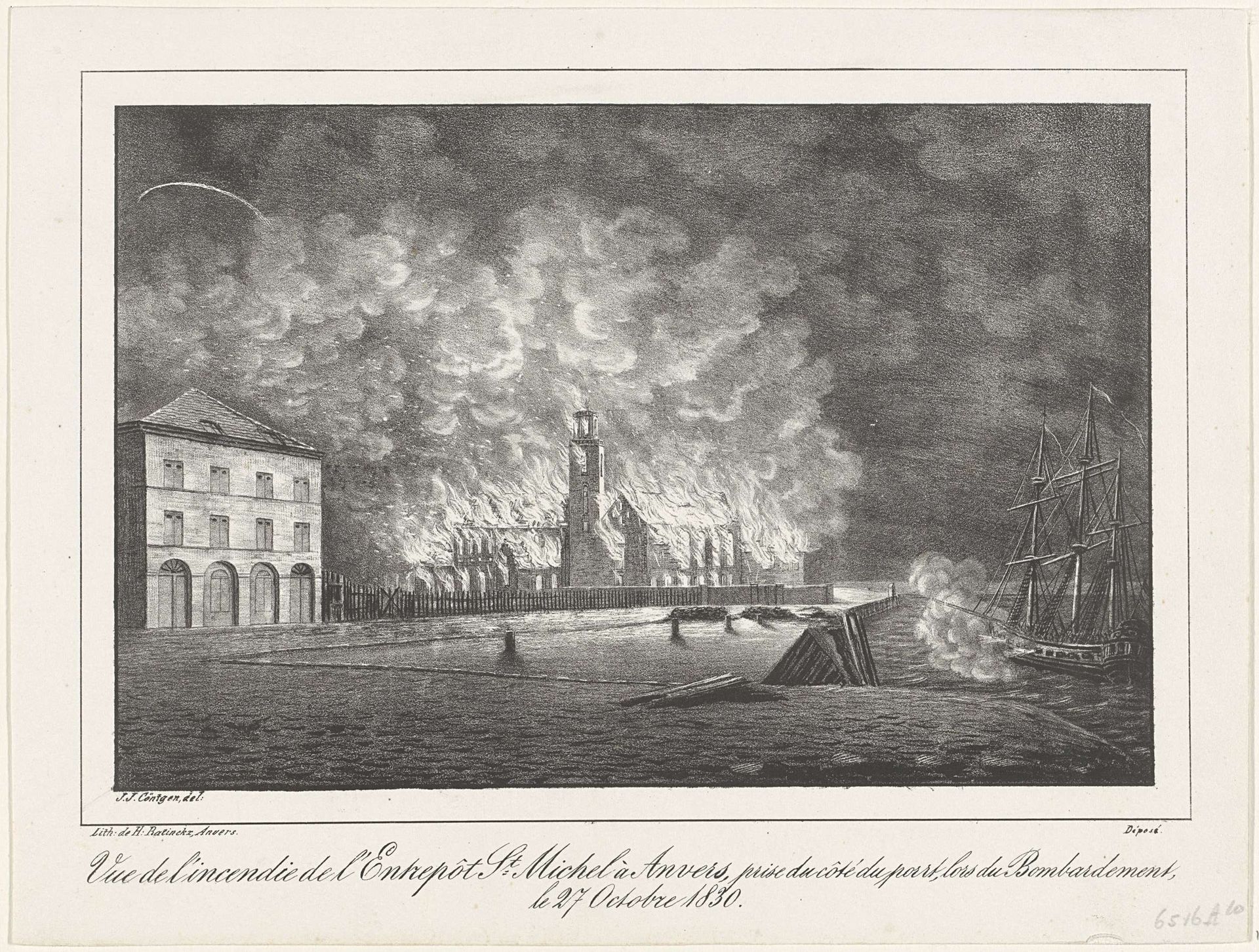 Entrepot in brand, 1830 by J.J. Cöntgen