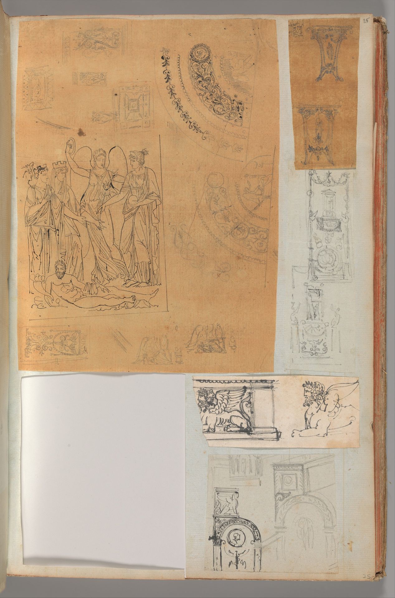 Page from a Scrapbook containing Drawings and Several Prints of Architecture, Interiors, Furniture and Other Objects by Charles Percier