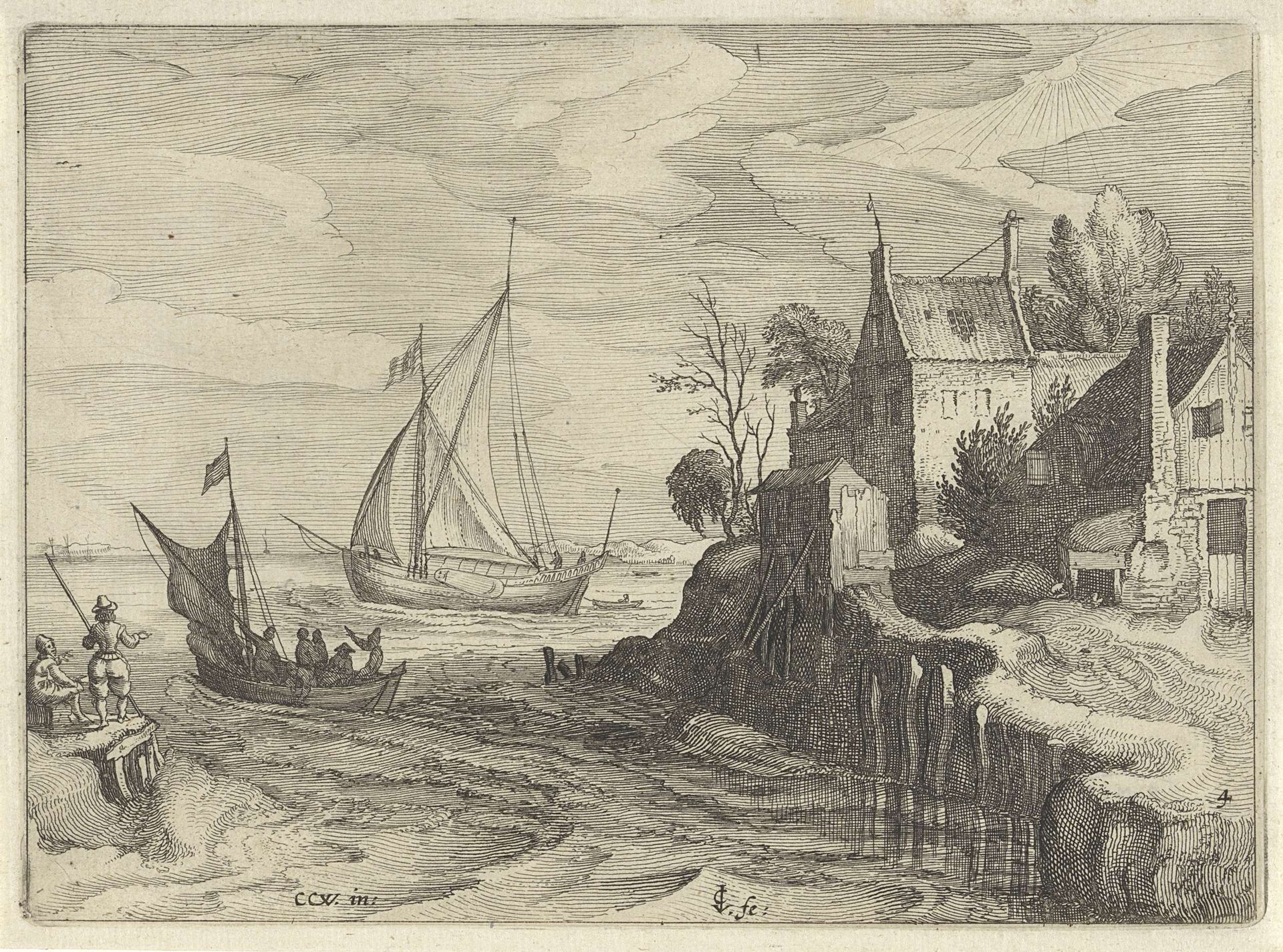 Schepen bij de kust by Claes Jansz. Visscher