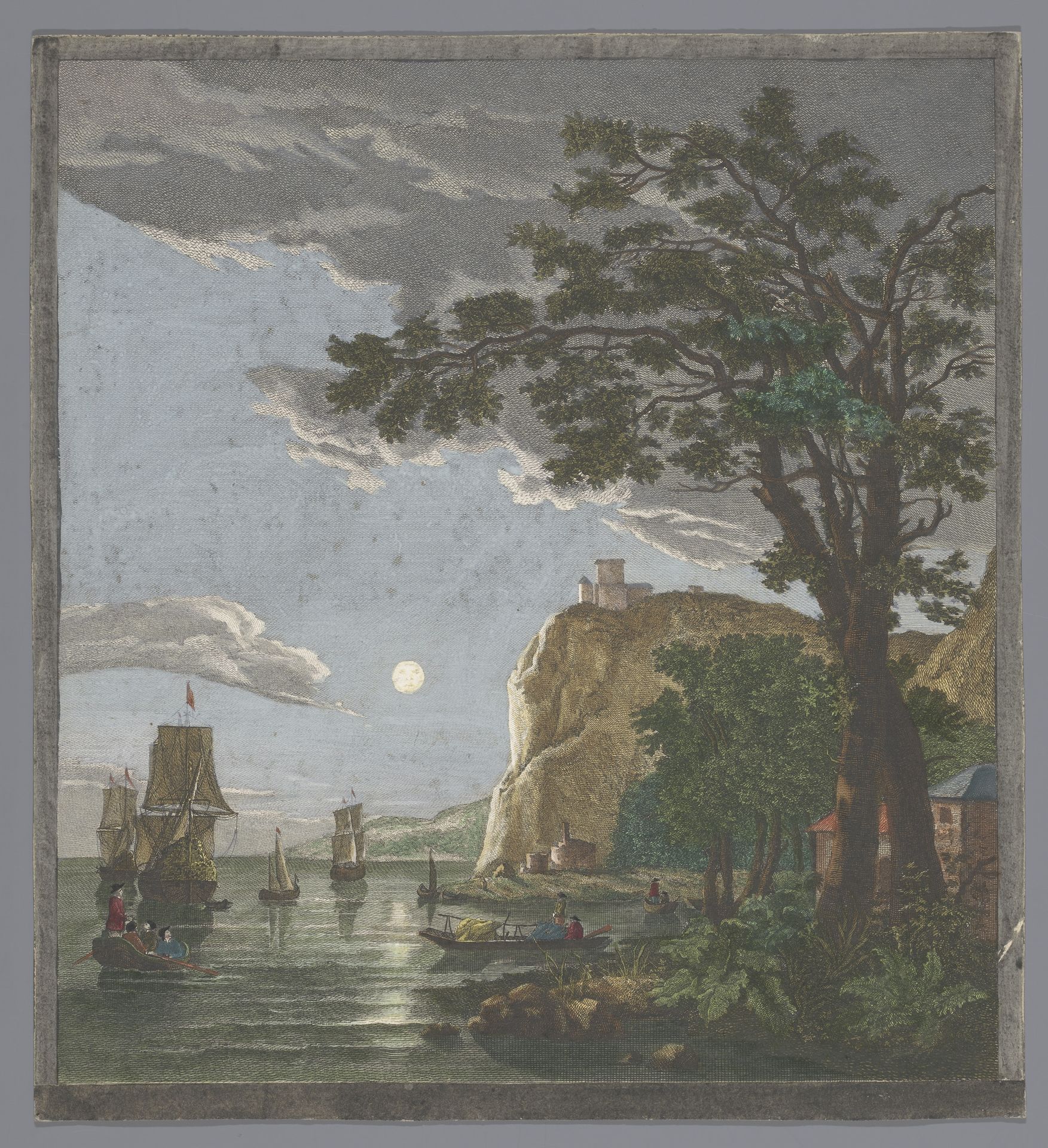 Gezicht op een kust met schepen en boten op het water bij maanlicht by Pierre François Basan