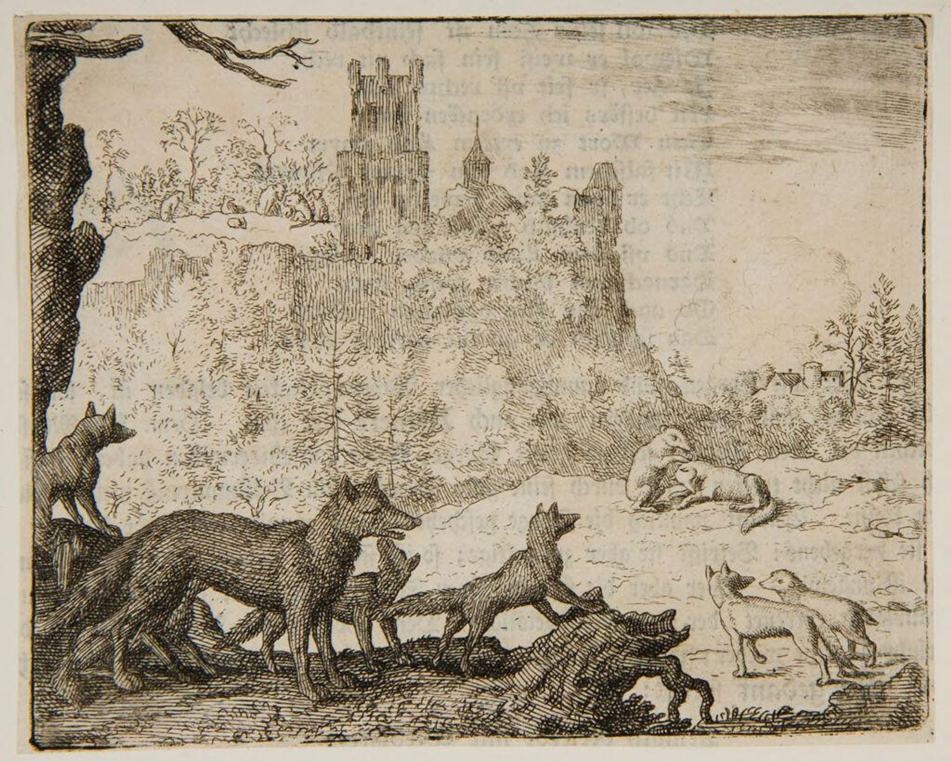 Foxes and dogs gather in clearing by Allart van Everdingen