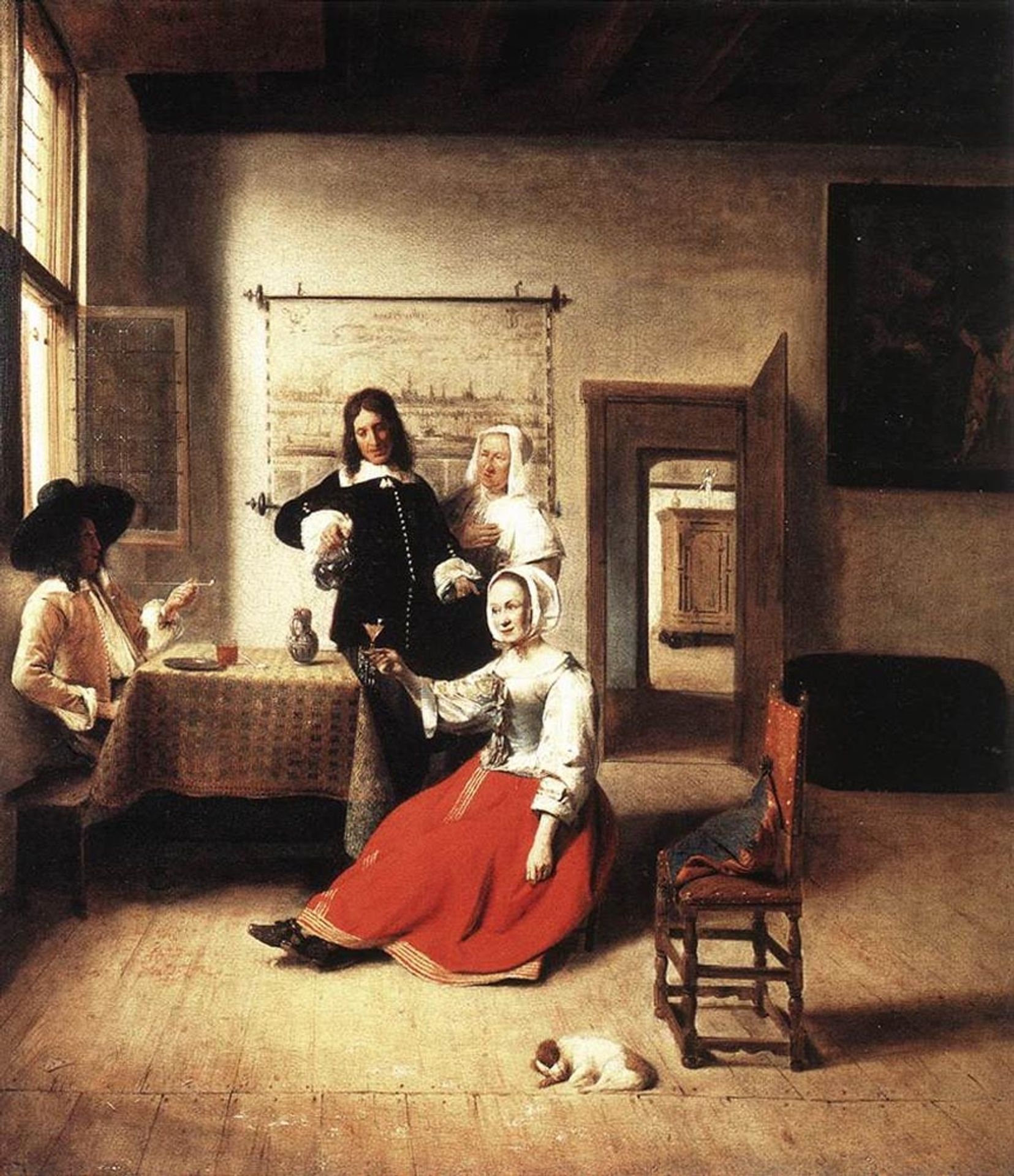 Woman drinking with soldiers by Pieter de Hooch