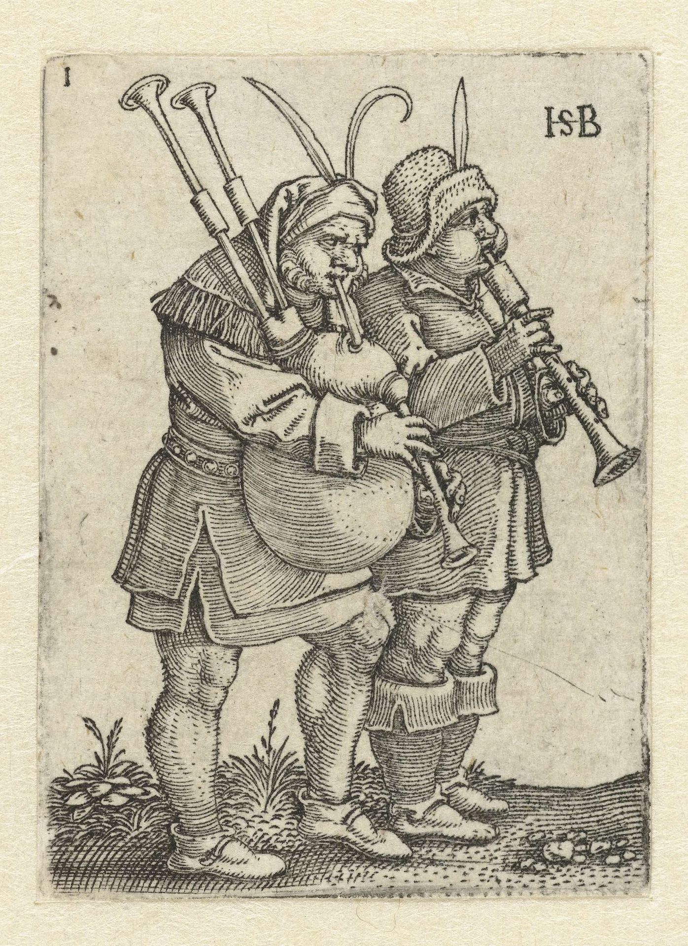 Twee muzikanten met schalmey en doedelzak by Sebald Beham