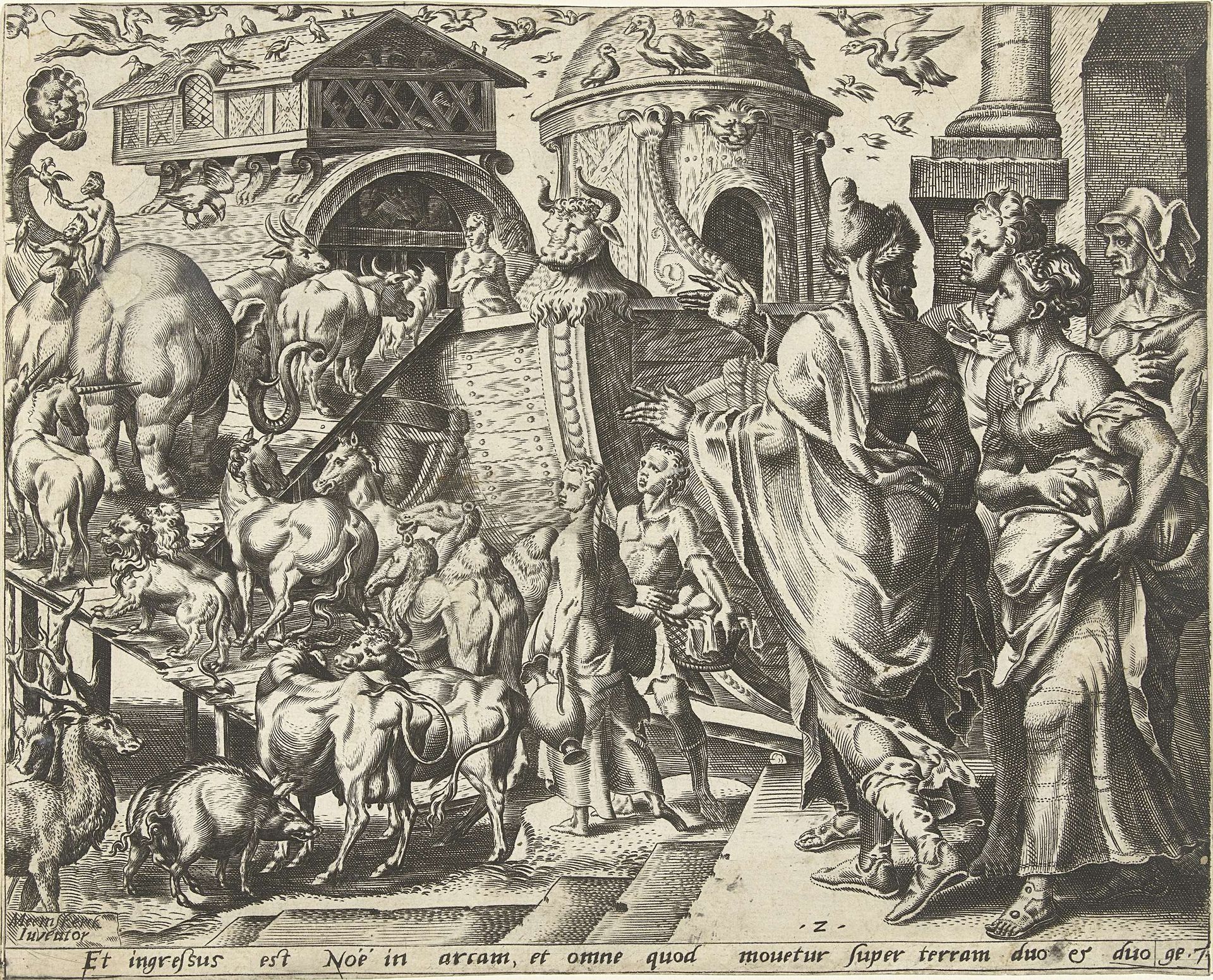 Noach gaat met zijn familie en de dieren aan boord van de ark by Cornelis Cort