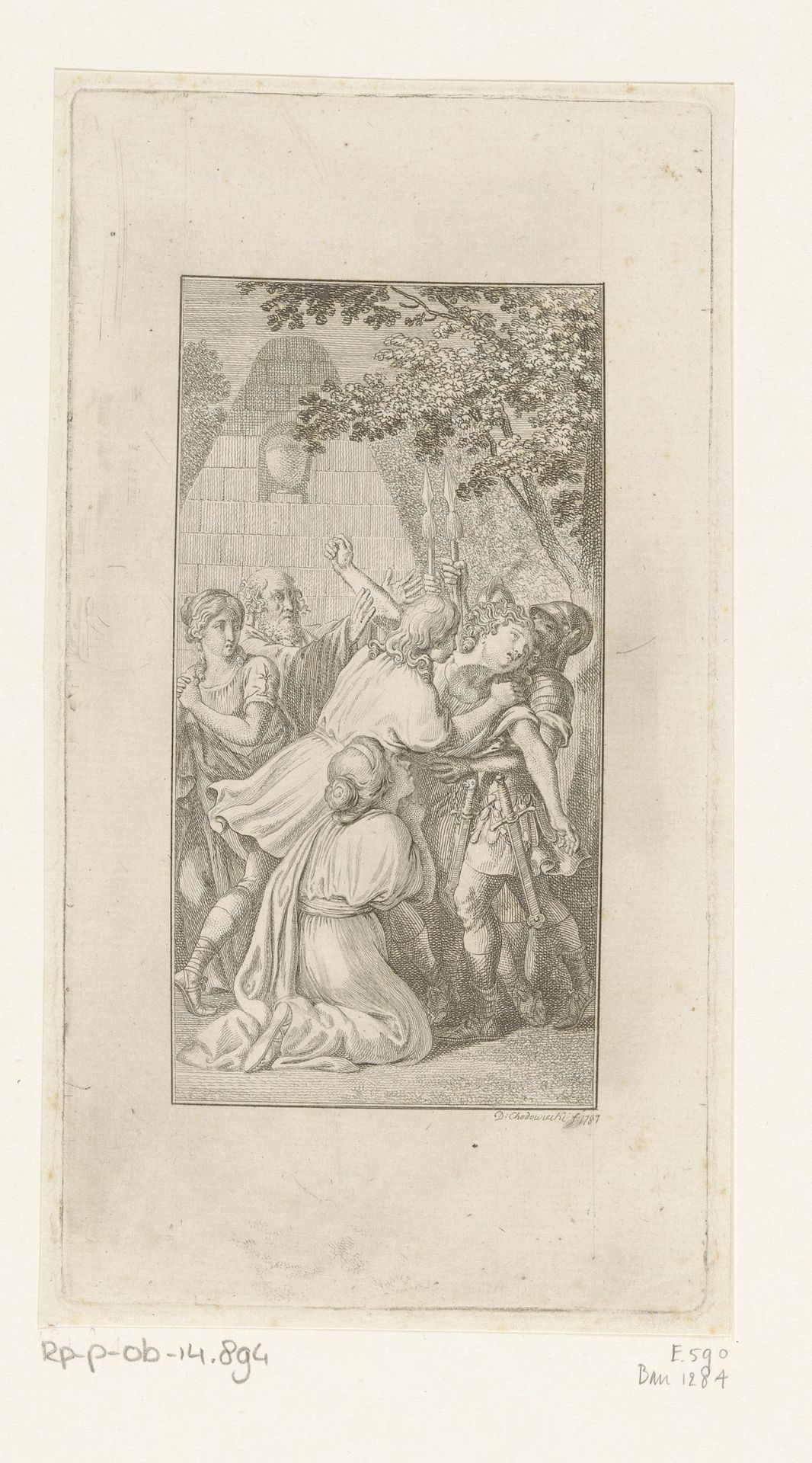 Orest valt in de handen van een soldaat als Pylades hem arresteert. Elektra zit smekend naast hen by Daniel Nikolaus Chodowiecki