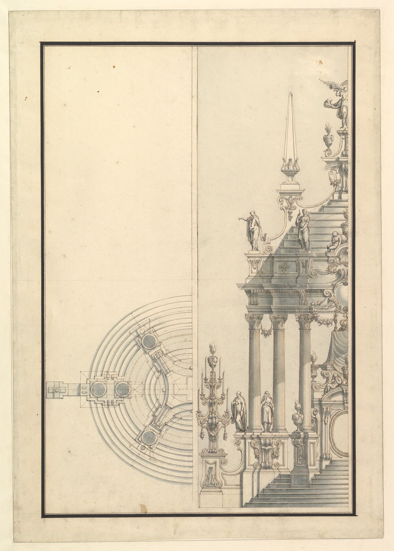Half Elevation and Half Ground Plan for a Catafalque: Columns Supporting a Stepped Dome with 2 Obelisks Surmounted by Figure of Fame by Giuseppe Galli Bibiena