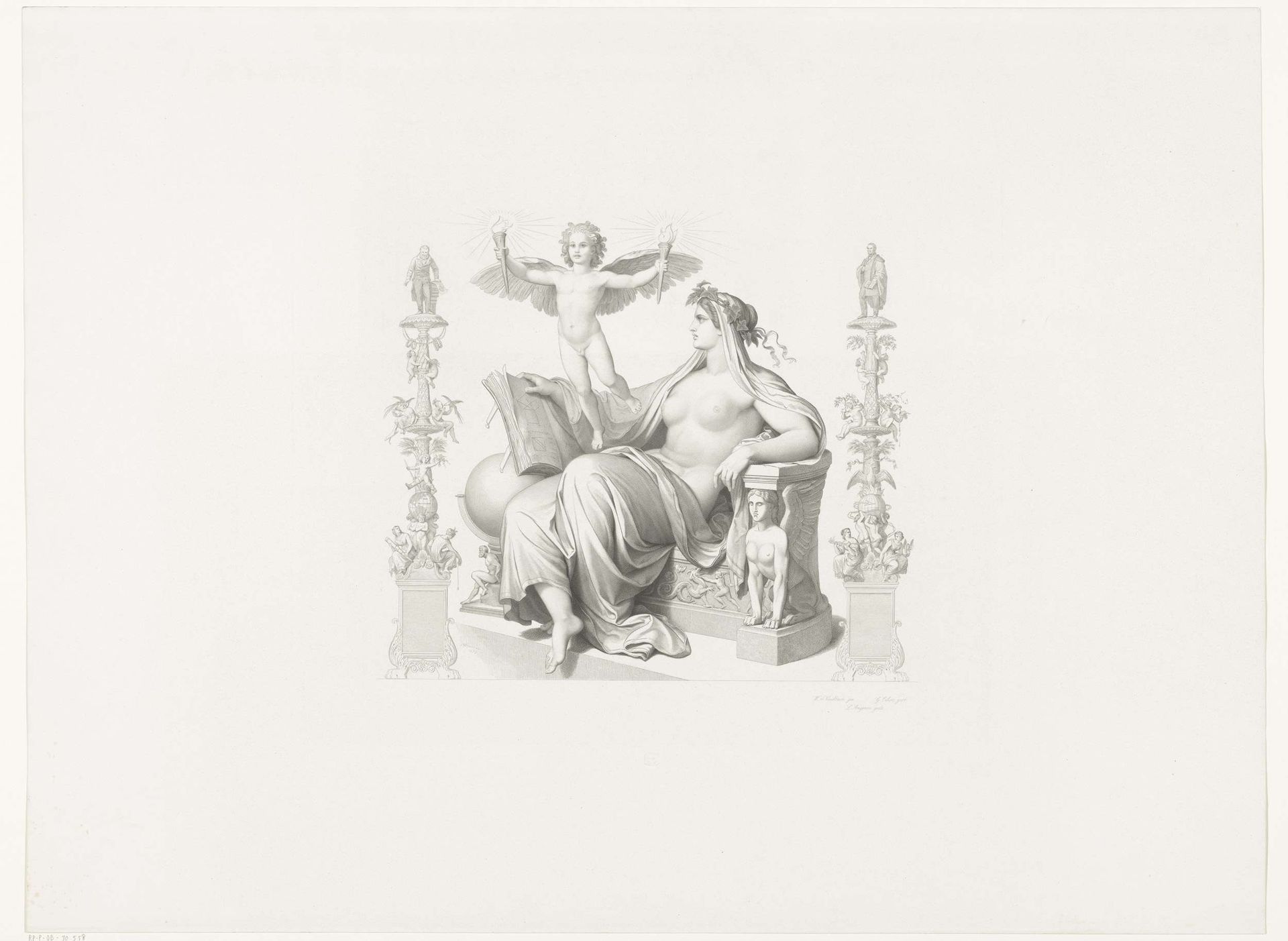 Zittende vrouwelijke personificatie met genius by Gustav Eilers