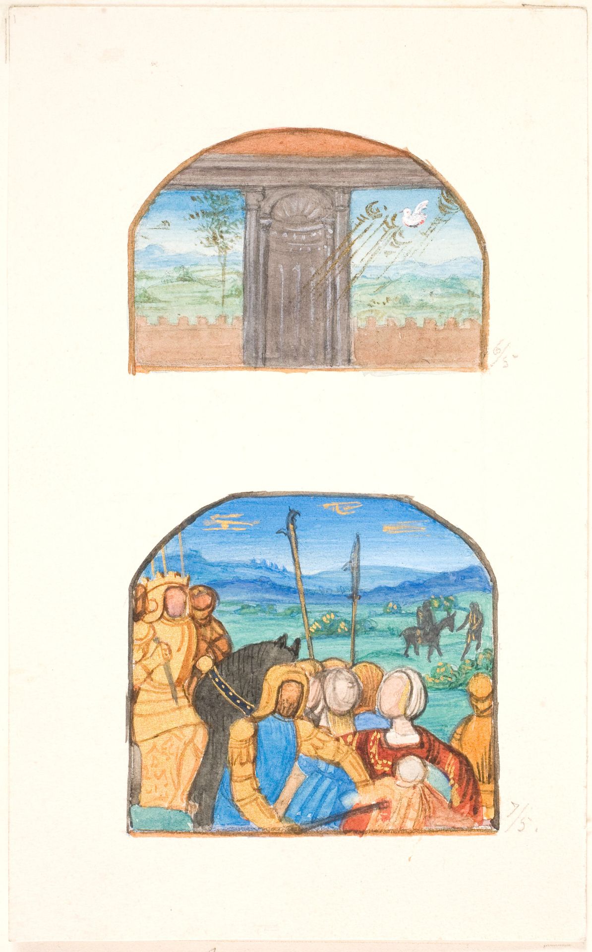 Blad med kopi af to forskellige miniaturer. Øverst Helligåndens due og nederst et sceneri med riddere i et landskab by Agnes Slott-Møller