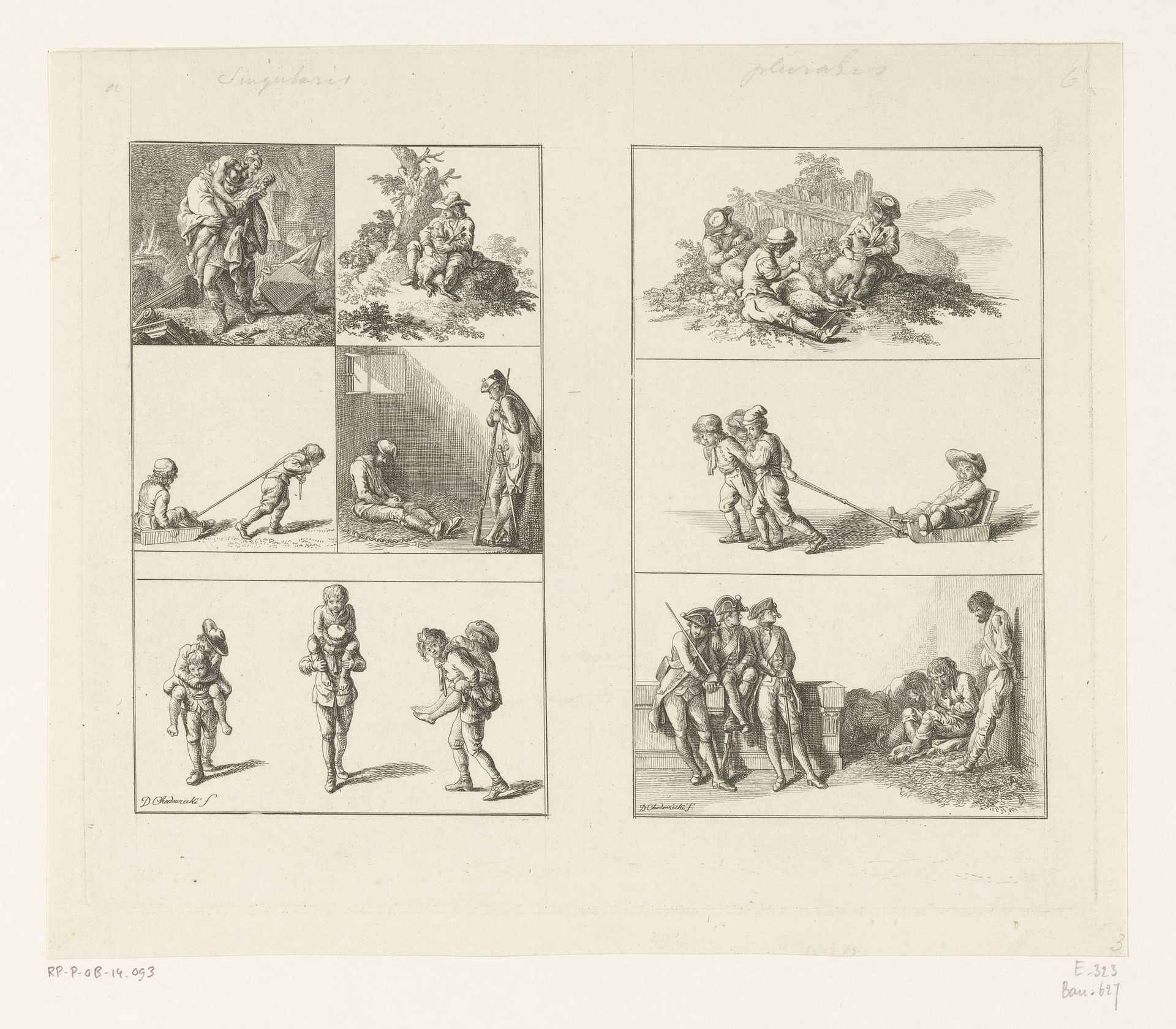 Voorbeelden van enkelvoudige en meervoudige zelfstandige naamwoorden in het Latijn (singularis / pluralis) by Daniel Nikolaus Chodowiecki