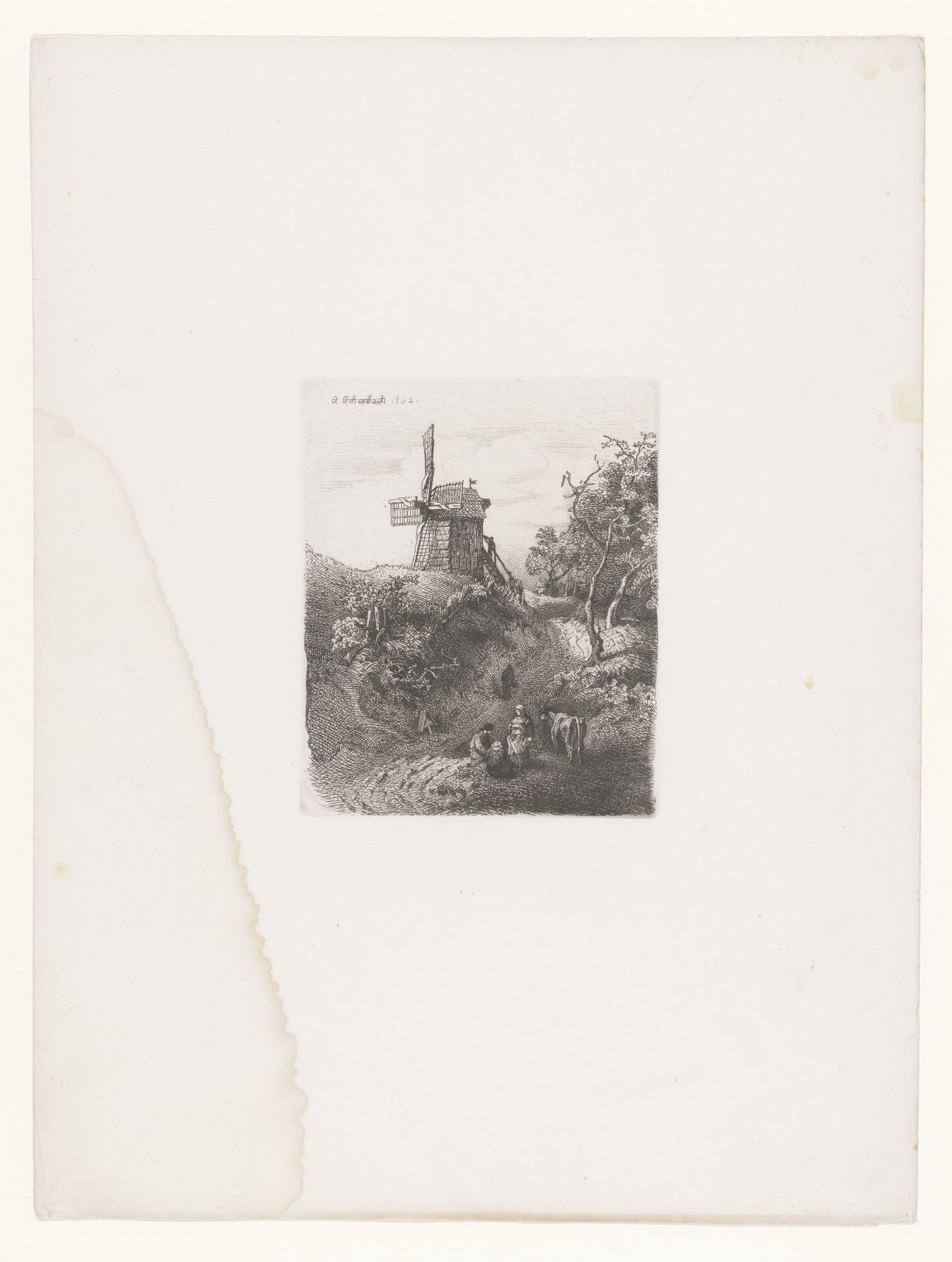 Landschap met een windmolen, een koe en figuren op de voorgrond by Andreas Achenbach