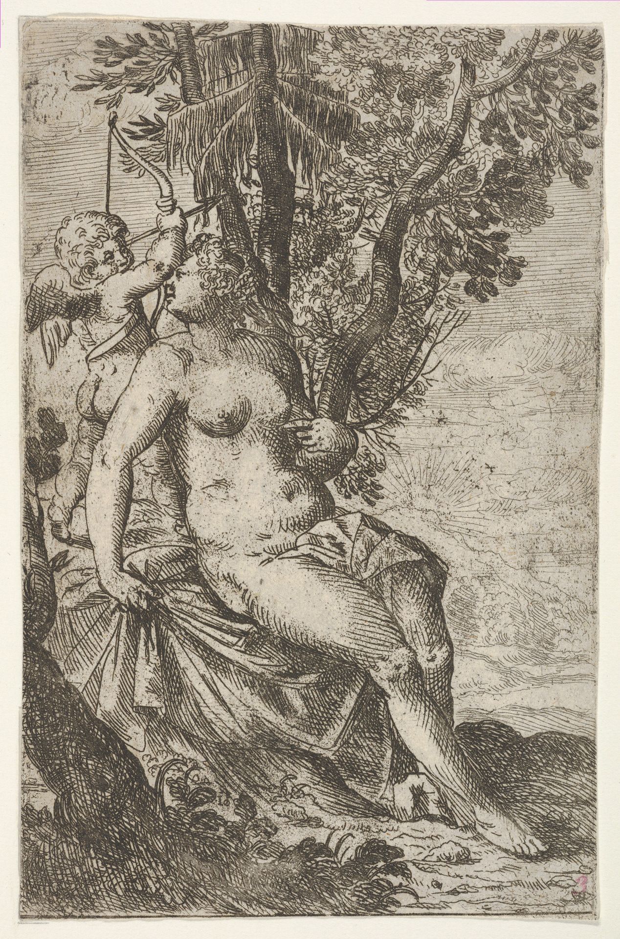 Cupid prepares to shoot an arrow as Venus looks over her right shoulder, from "Sport of Love" (Scherzi d'amore) by Odoardo Fialetti