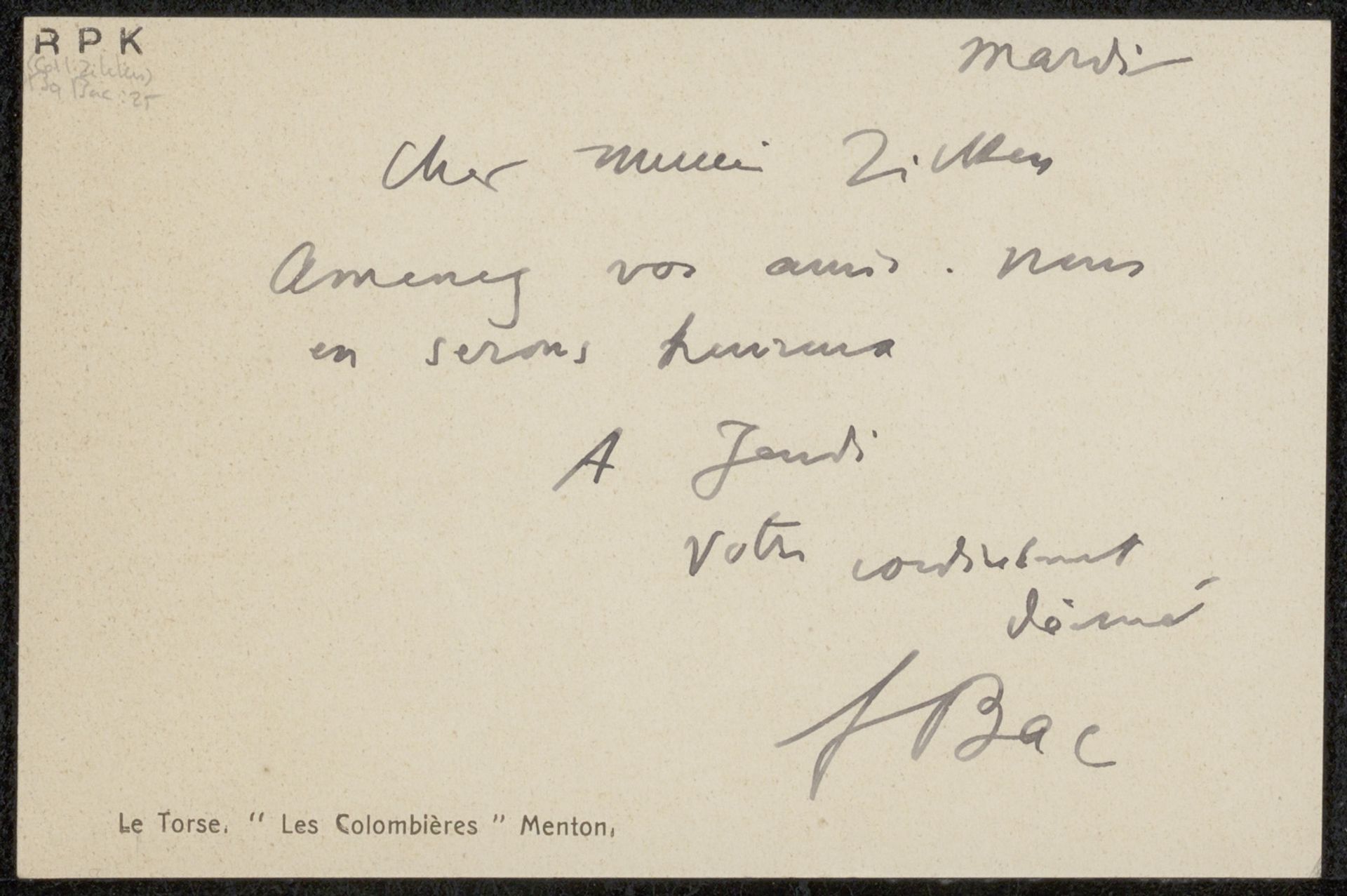 Prentbriefkaart aan Philip Zilcken by Ferdinand-Sigismund Bac