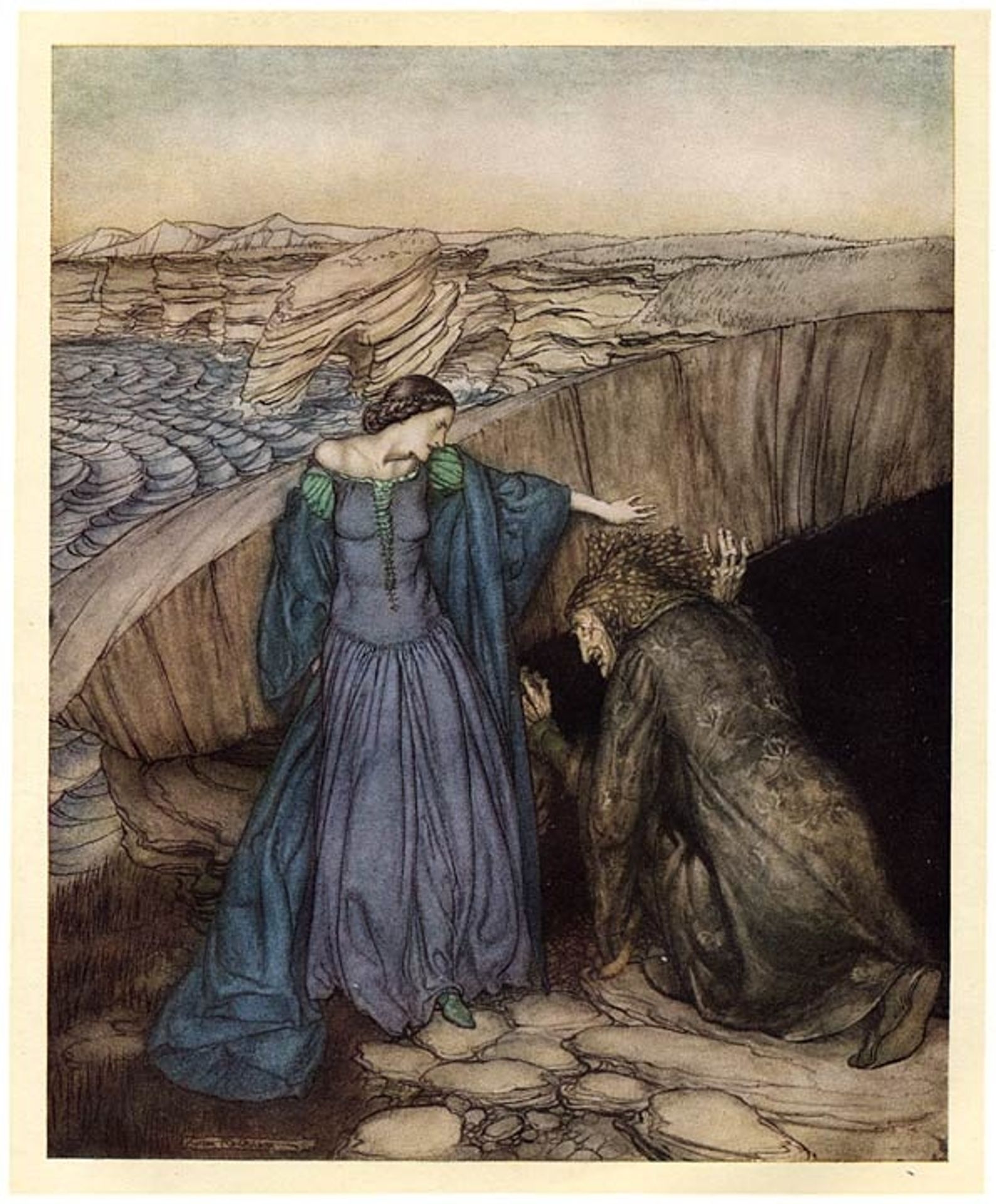 Merlin is lured by the evil fairy Vivien in her home by Arthur Rackham