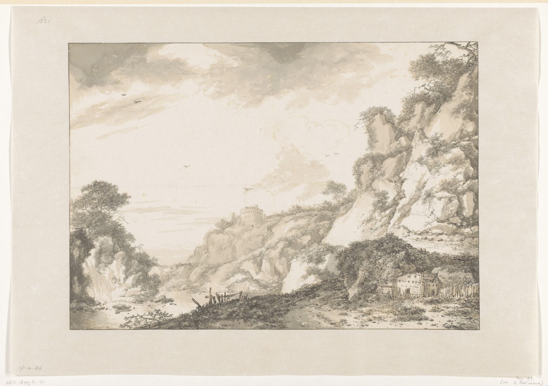 Bergachtig landschap met rechts een boerderij by Herman Naiwincx