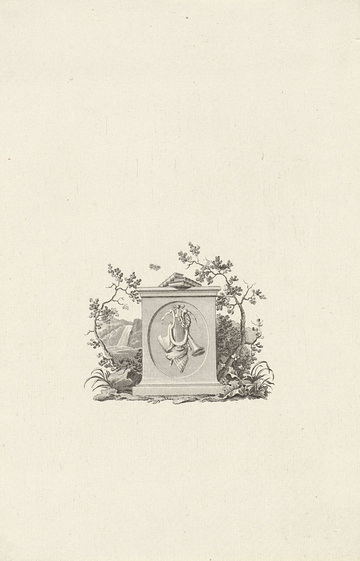 Vignet met een landschap met een monument waarop boeken liggen by Reinier Vinkeles