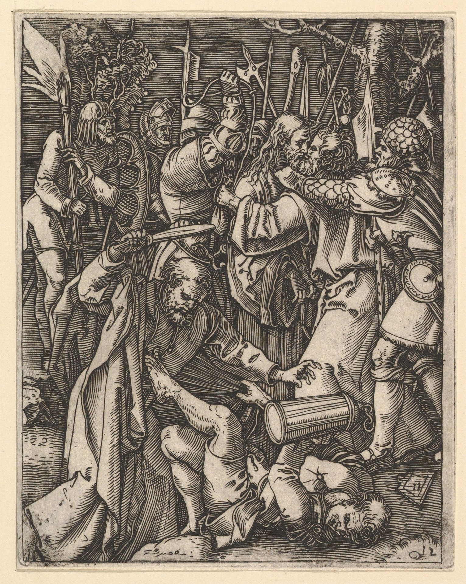 Judas kissing Christ surrounded by soldiers; St Peter attacking Malchus in foreground, after Dürer by Marcantonio Raimondi
