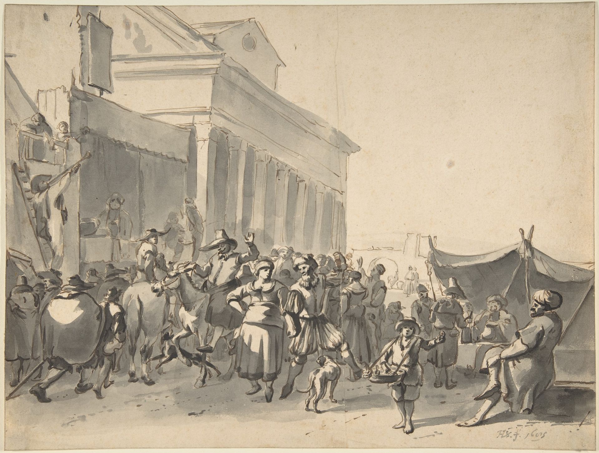 An Italian City with a Crowd Watching Actors in an Outdoor Theater by Hendrick Verschuring