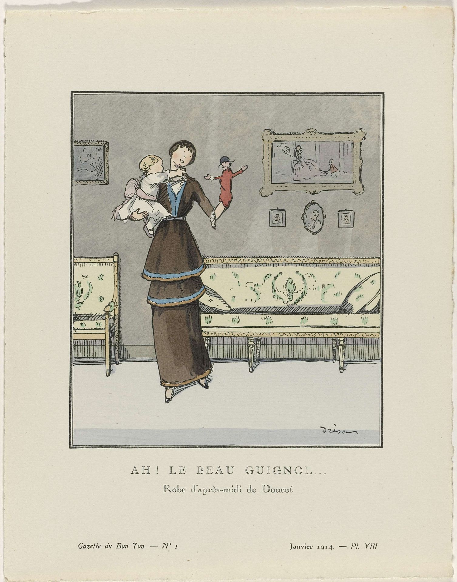 Gazette du Bon Ton, 1914 - No. 1, Pl. VIII: Ah ! Le Beau Guignol (...) / Robe d'après-midi de Doucet. by Jacques Drésa