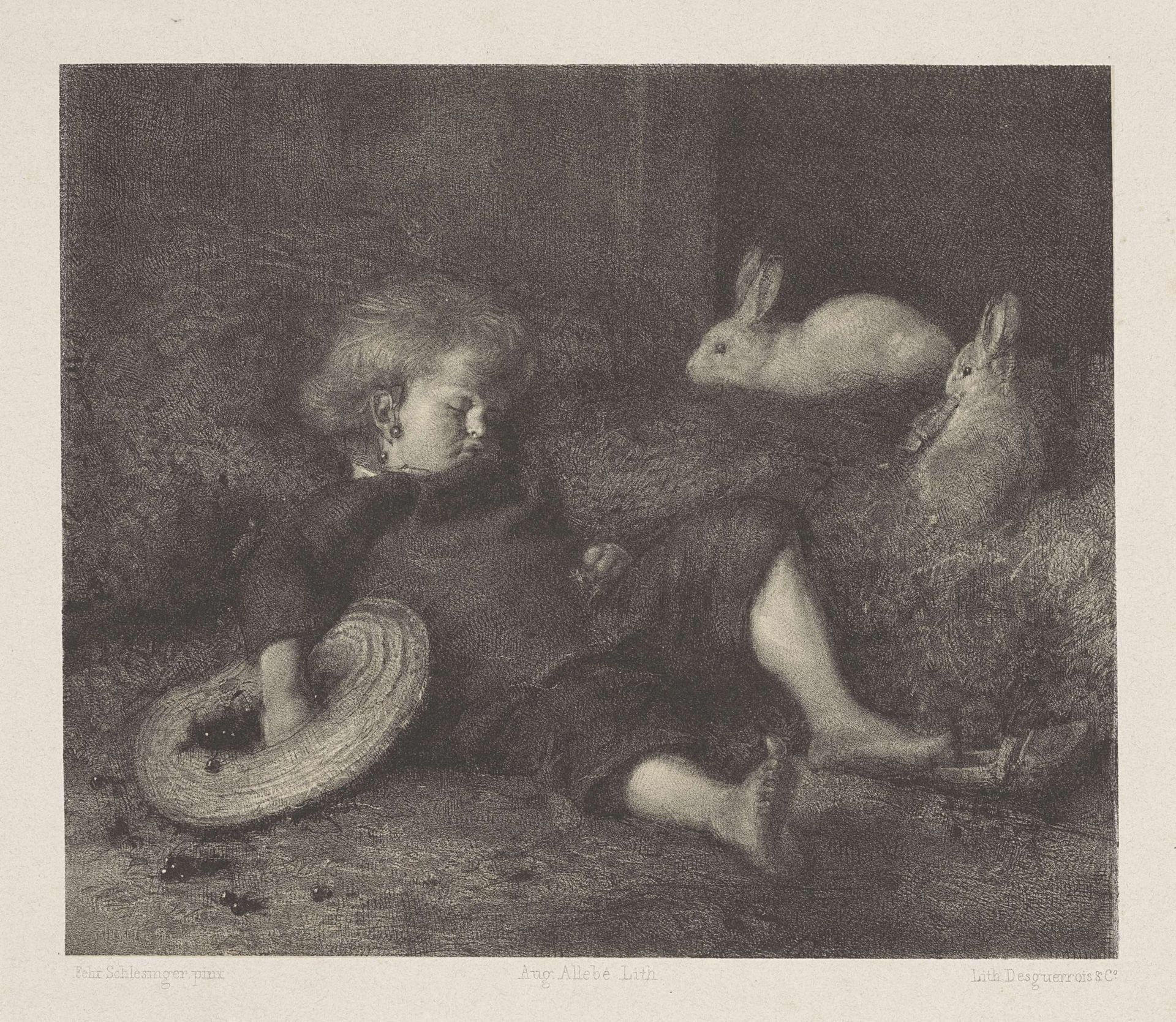 Slapend kind met konijnen by August Allebé