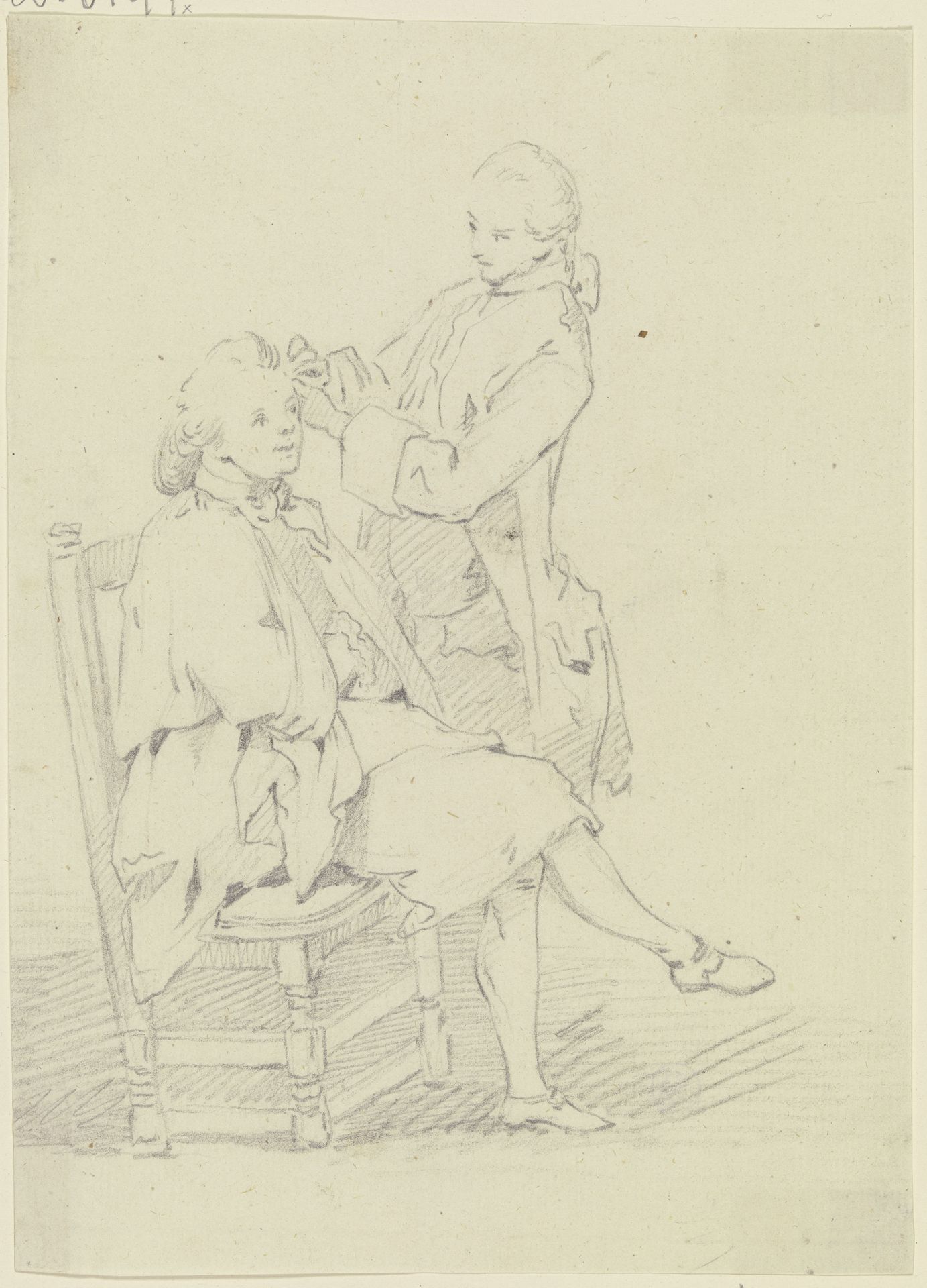 Auf einem Stuhl sitzender junger Mann, der von einem stehenden Mann frisiert wird by Georg Melchior Kraus