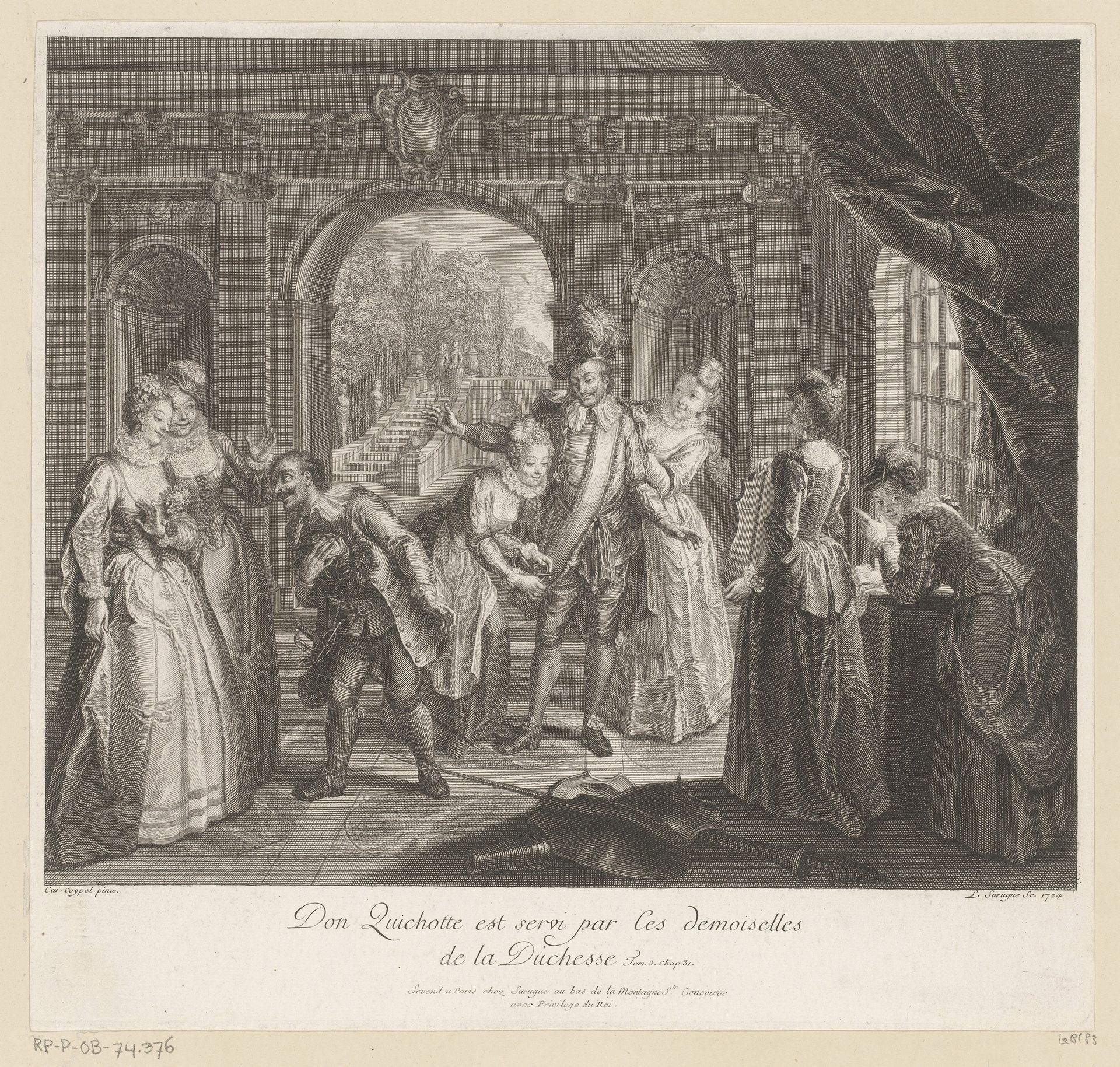 Don Quichot wordt bediend door de hofdames van de hertogin by Louis Surugue