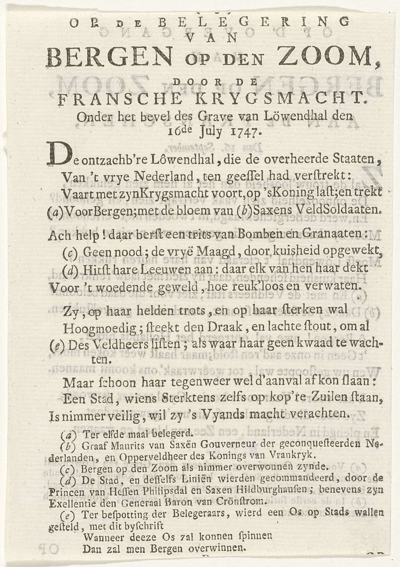 Vers op het beleg van Bergen op Zoom, 1747 by Anonymous