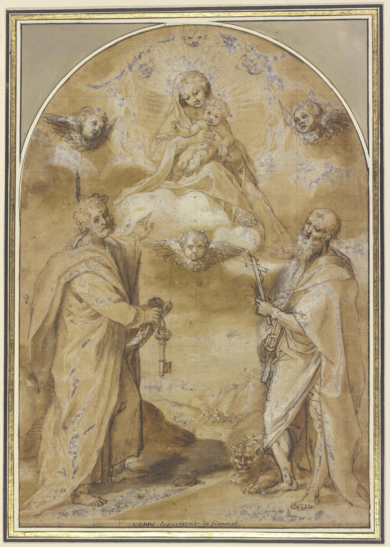 Die Madonna mit dem Jesuskind erscheint in einer engelgesäumten Gloriole den Heiligen Petrus und Hieronymus by Francesco Vanni