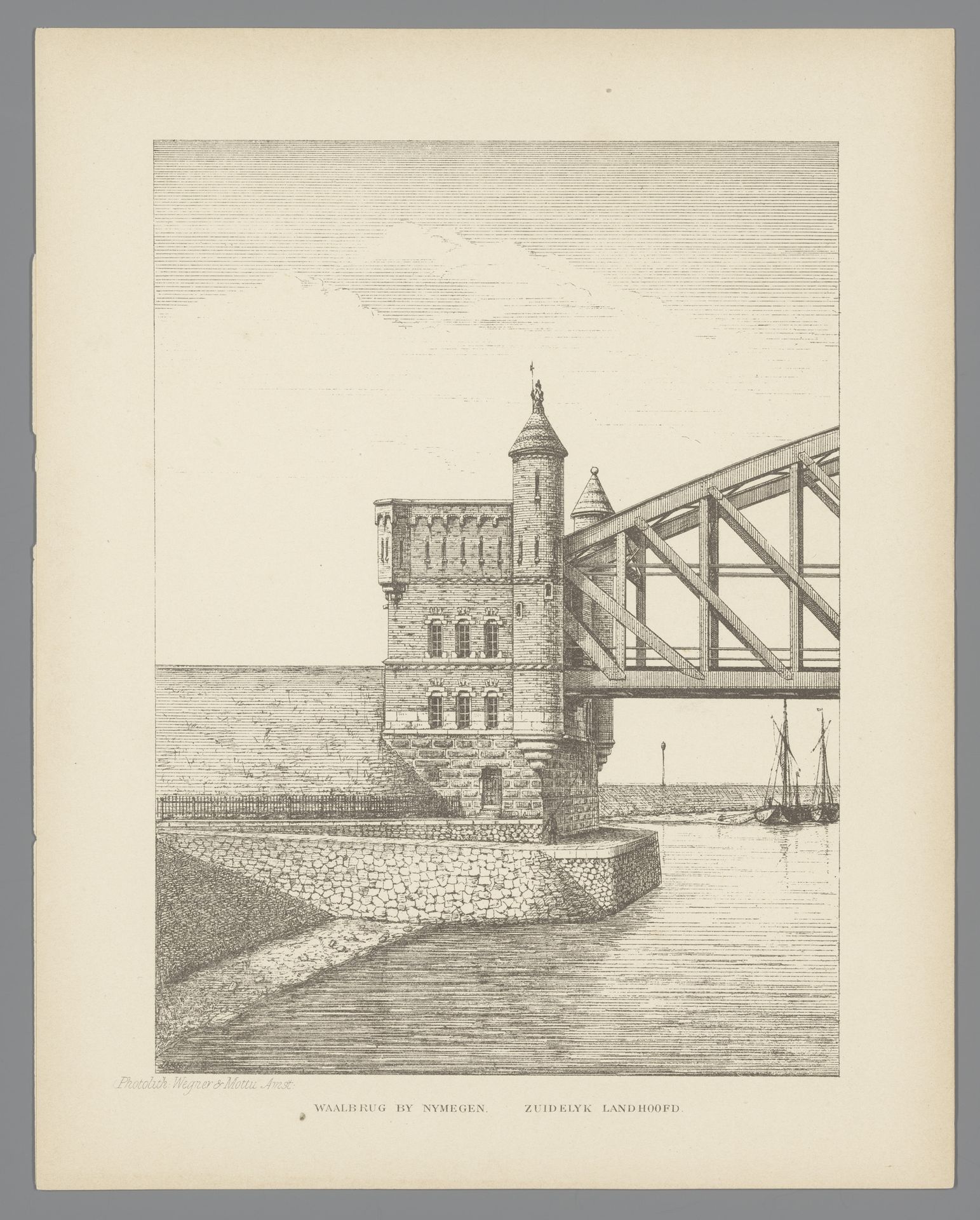 Reproductie van een tekening of prent met een gezicht op de Waalbrug bij Nijmegen by Wegner & Mottu