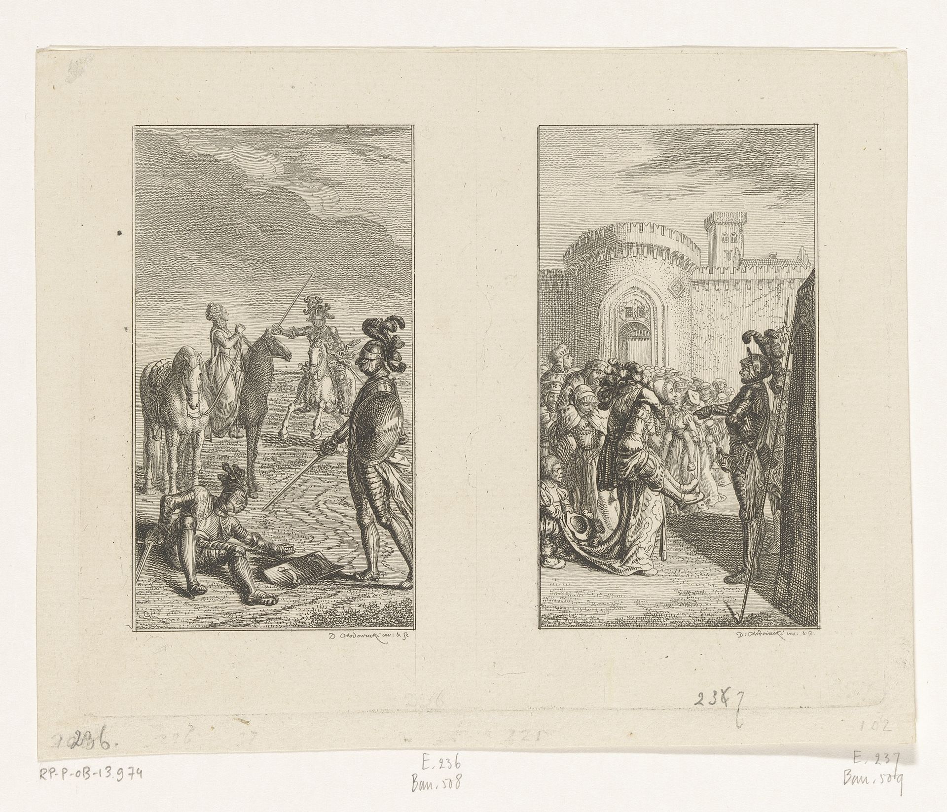 Twee scènes uit Bürger's Gedichten by Daniel Nikolaus Chodowiecki