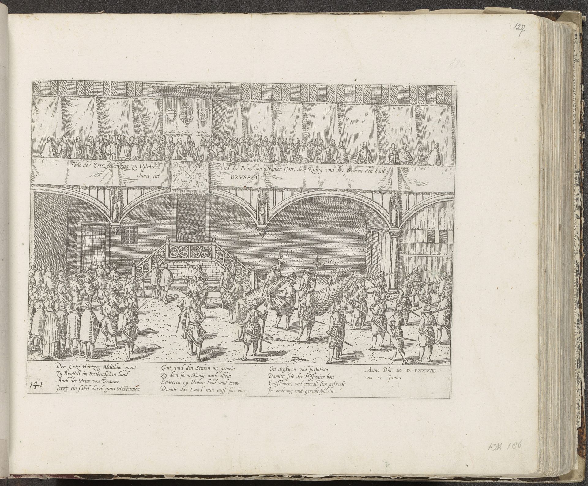 Matthias legt te Brussel de eed als landvoogd af, 1578 by Frans Hogenberg