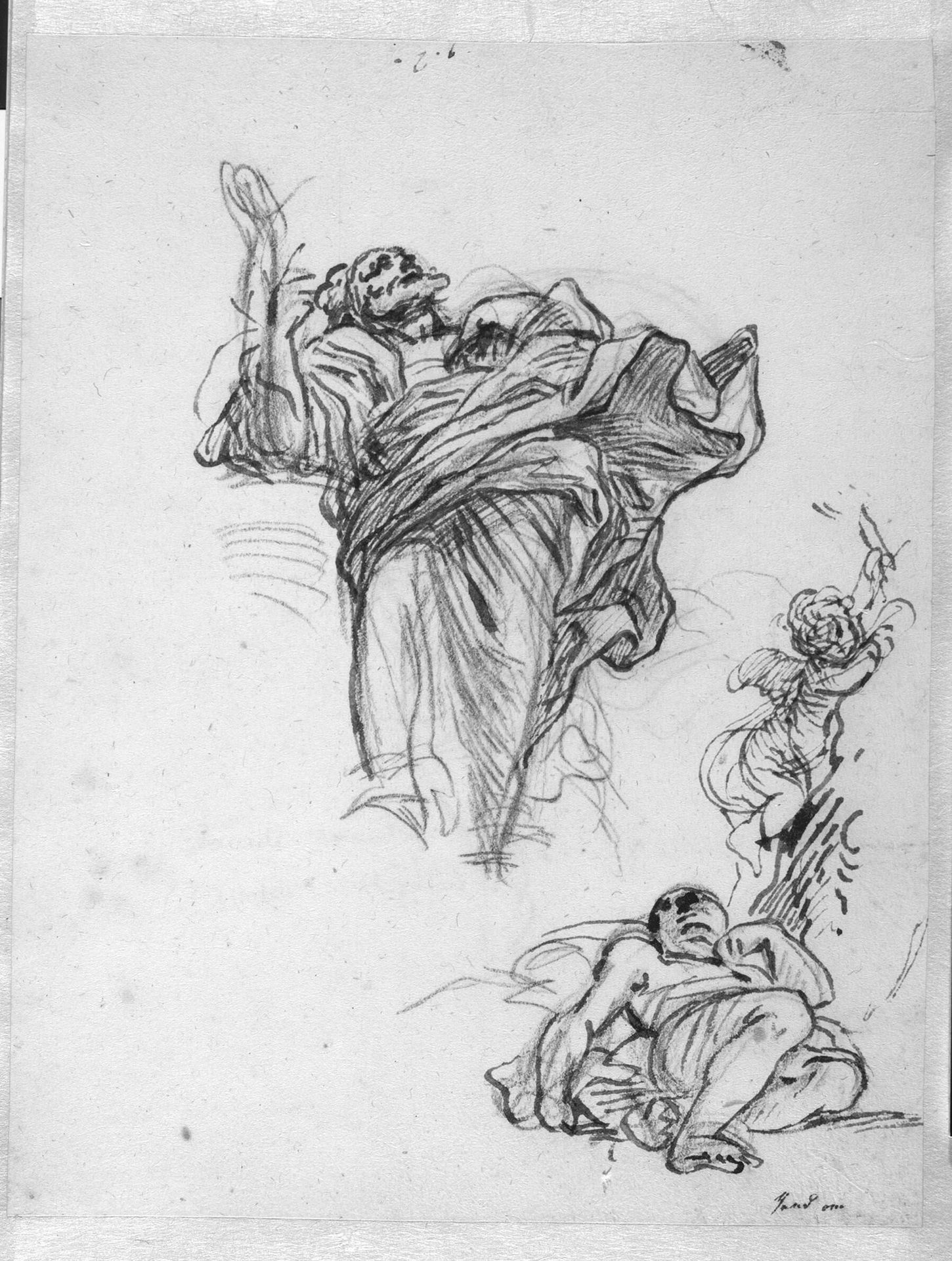 A standing man and a reclining figure, with a putto by Francesco La Marra