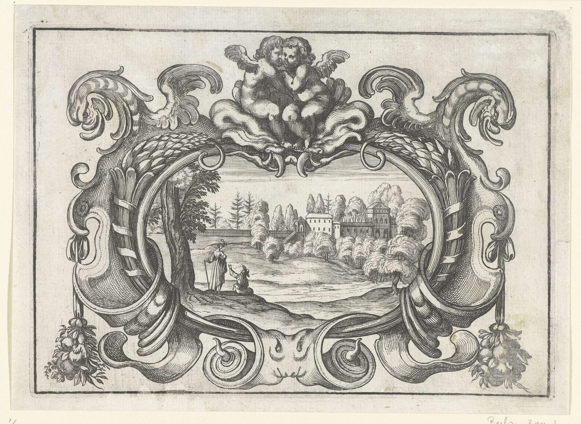 Cartouche met twee putti bovenaan by Daniel Rabel
