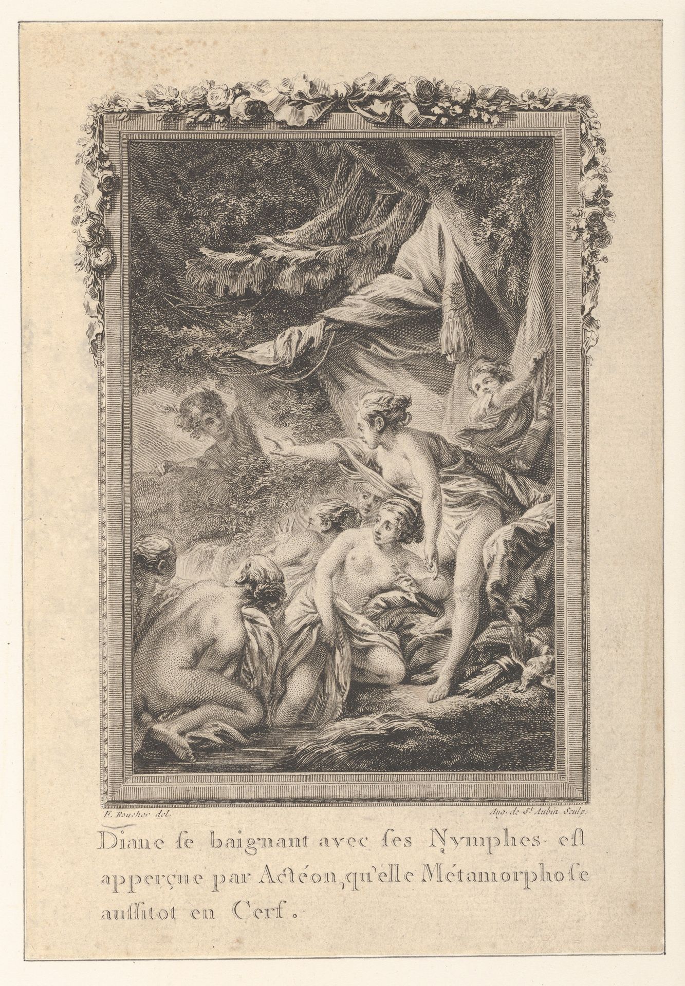 Vignette (Tome 1.er, page 200, lib. III, fab. 3), depicting Diana Turning Actaeon into a Stag, from Les Métamorphoses d'Ovide en Latin et en François de la traduction de M. l'Abbé Banier de l'Académie Royale des Inscriptions et Belles-Lettres. Avec des explications historiques. A Paris Chez Despilly rue saint Jacques à la croix d'or. MDCCLXVII. Avec Approbation et Privilège du Roi by Augustin de Saint-Aubin