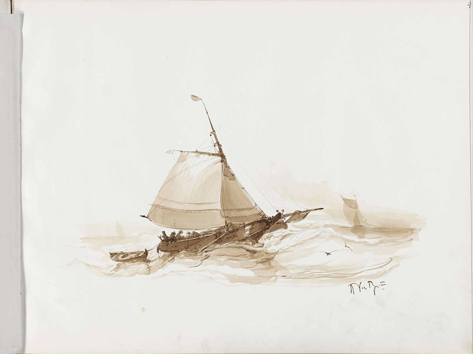 Zeilschip met figuren op het water by Albertus van Beest