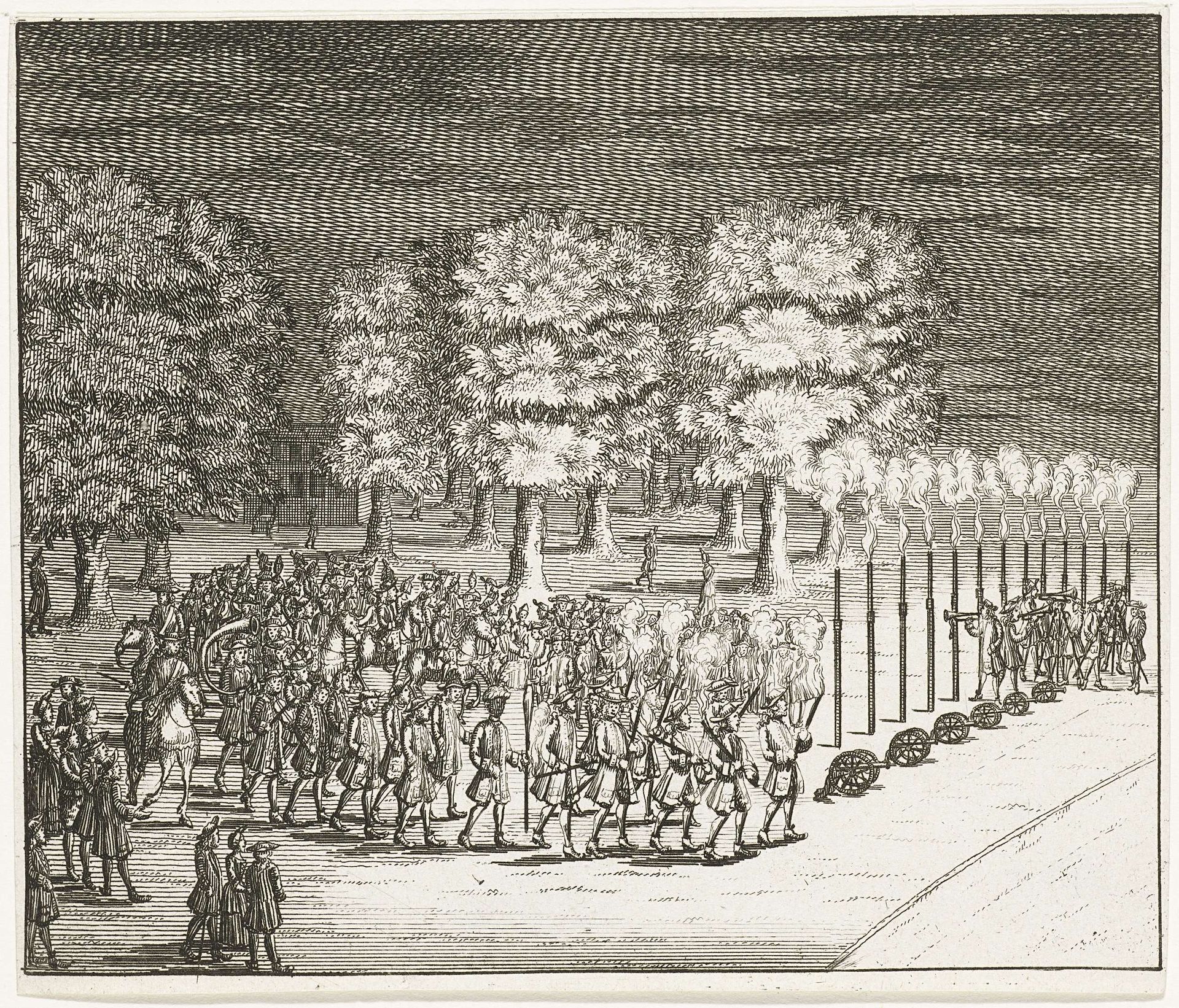 Optocht met fakkels en muziek, 1714 by Anonymous